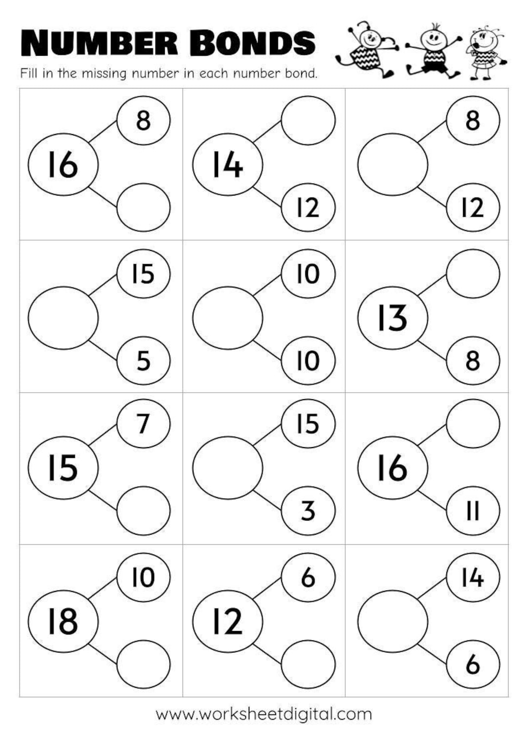 10 Printable Number Bonds Math Worksheets Numbers 1 To 20 Kindergarten First Grade Homeschool Etsy