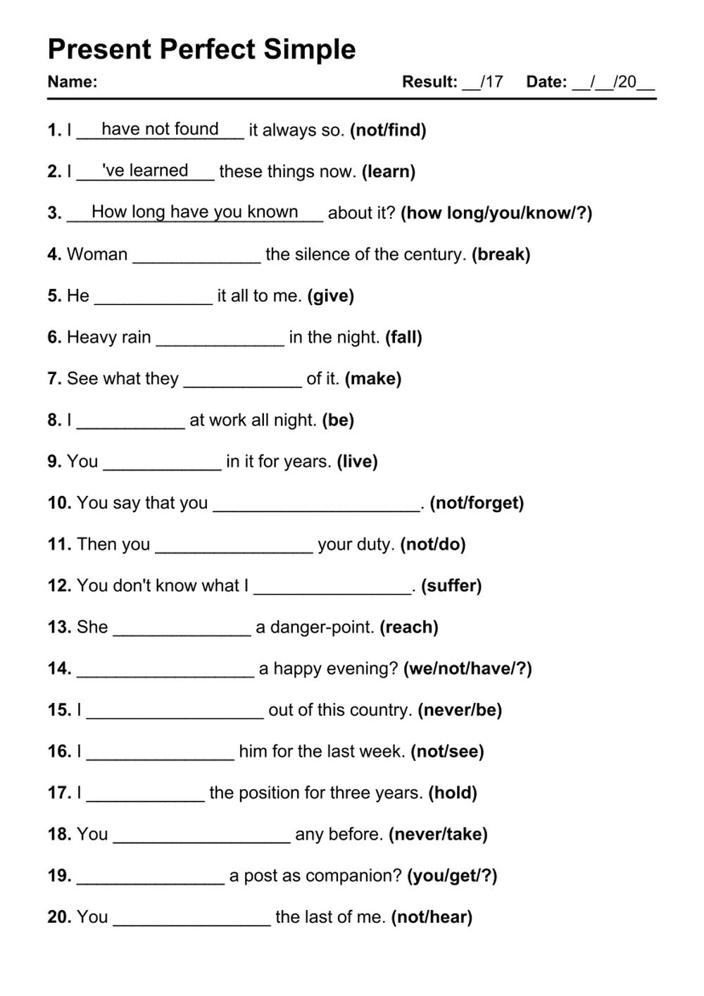 Perfect Tense Verbs Printable Worksheet