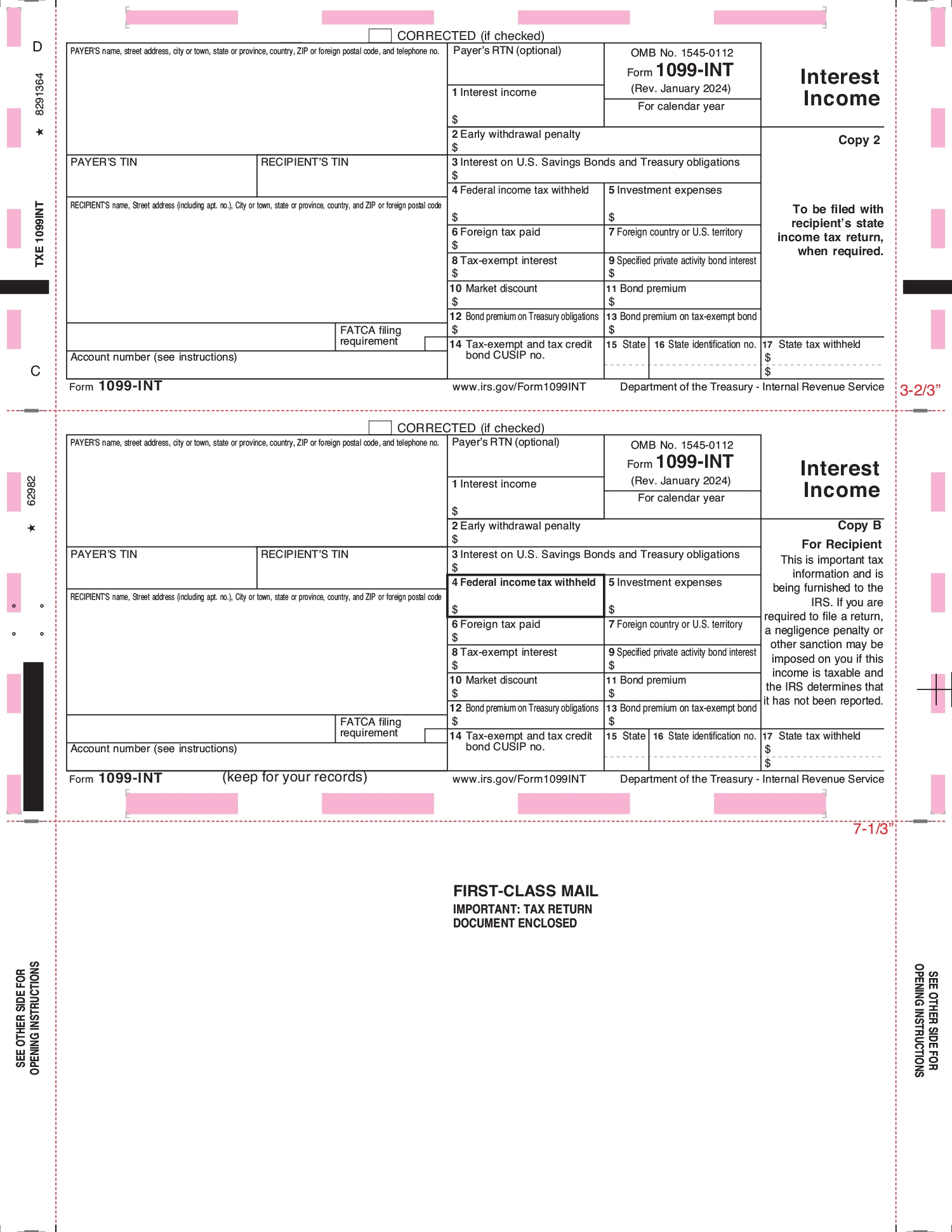 1099 INT Printed Pressure Seal Form TXE 1099INT 