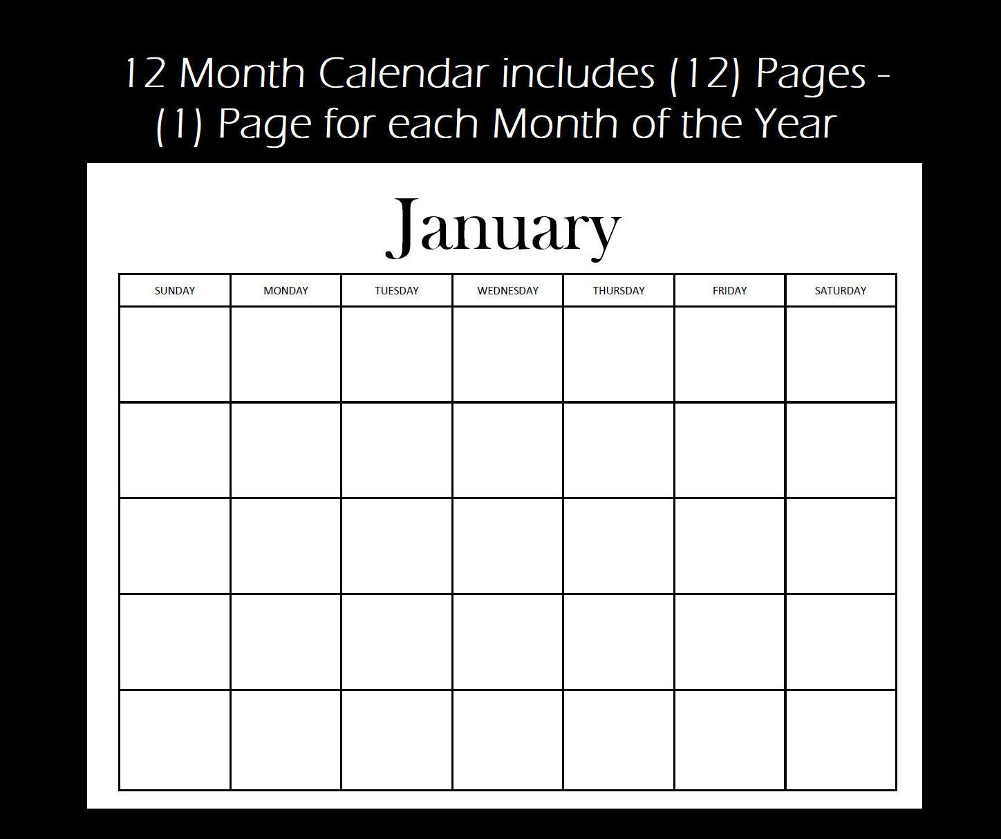 12 Month Blank Calendar Standard Design Digital Download Instant Download 12 Pages 11 X 8 5 Page Landscape Etsy