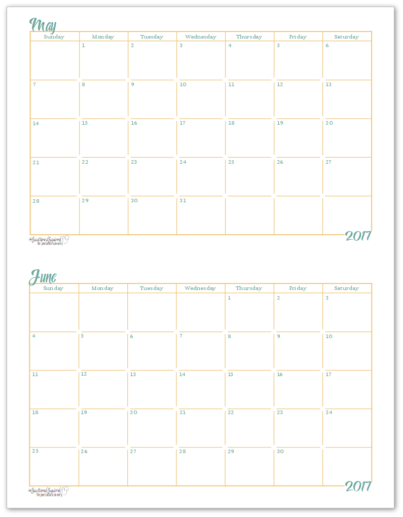 2017 Half Size Monthly Calendar Printables