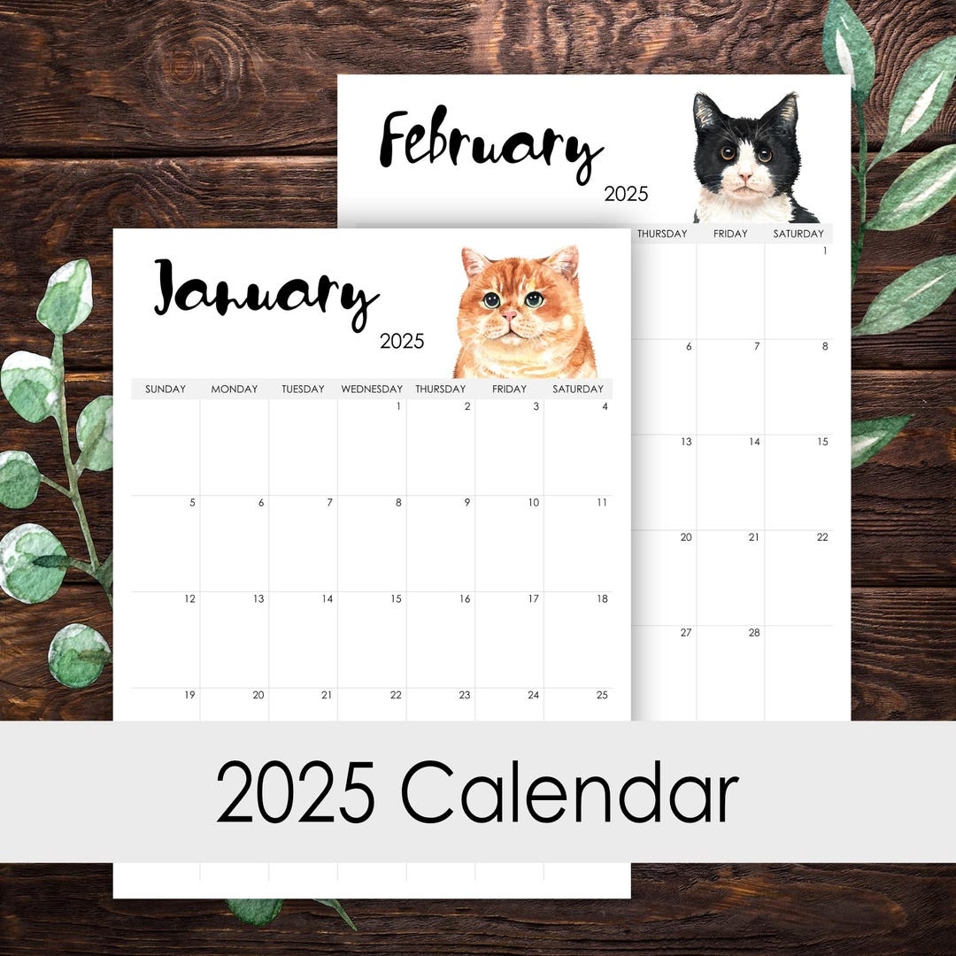2025 Calendar Printable 12 Months Vertical Layout Watercolor Cats Lover Desk Wall Art Template Letter Size A3 A4 A5 Etsy