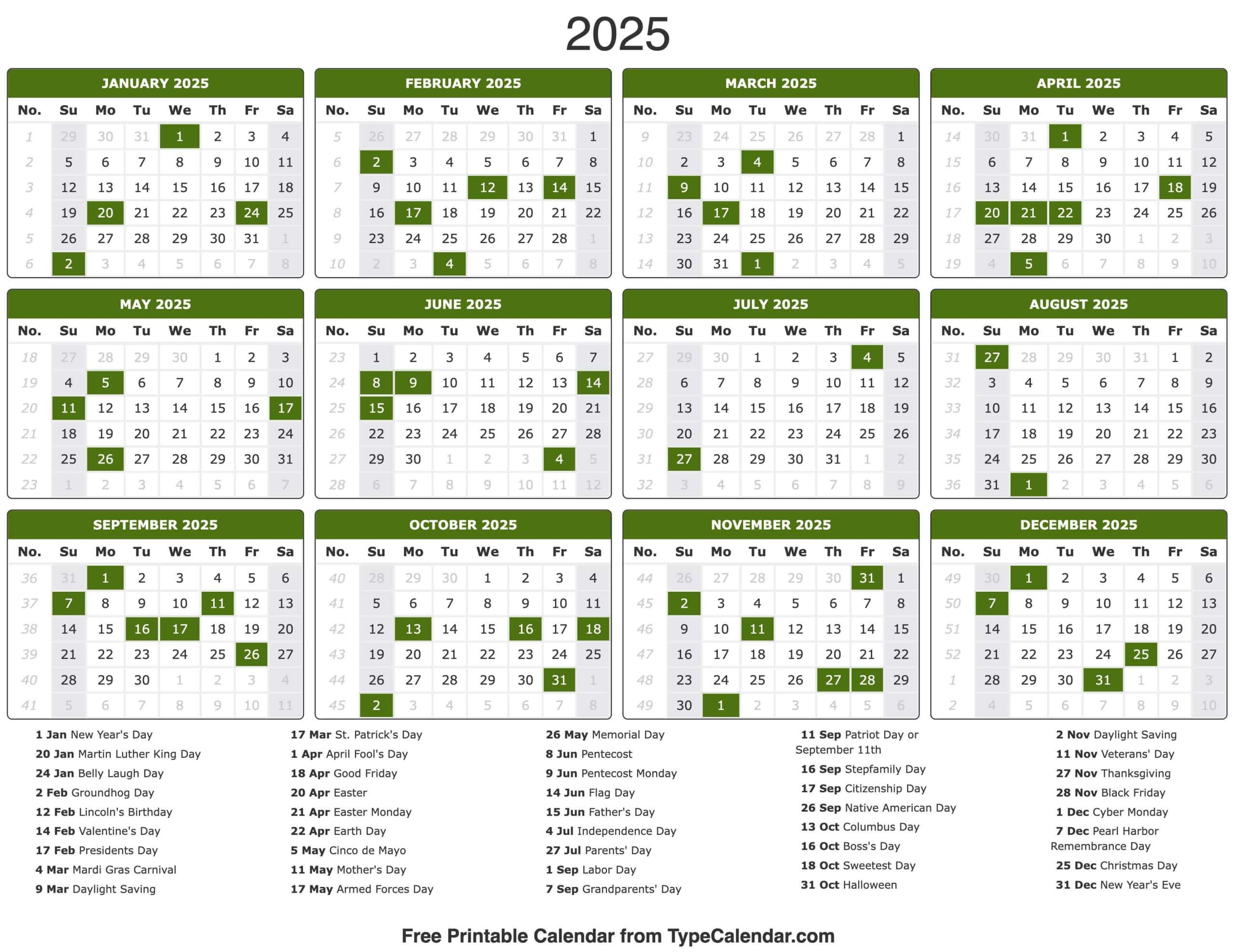 Us Holidays Yearly Calendar 2025 Printable