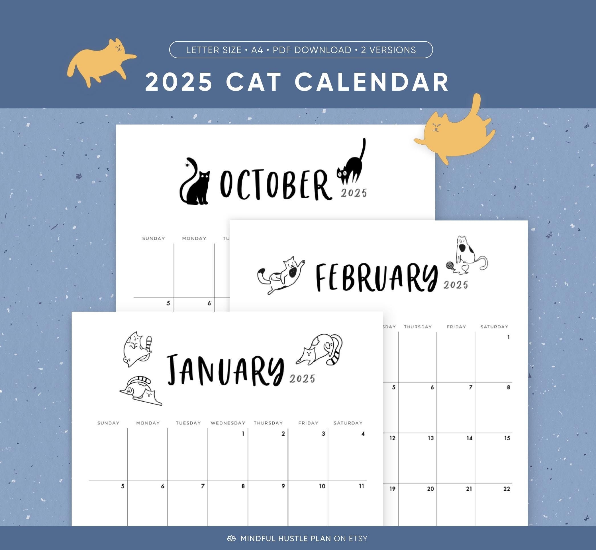 2025 Calendar Printable Cat Calendar Funny Cats Cute Cat With Lines Digital Download PDF Letter Size A4 Etsy