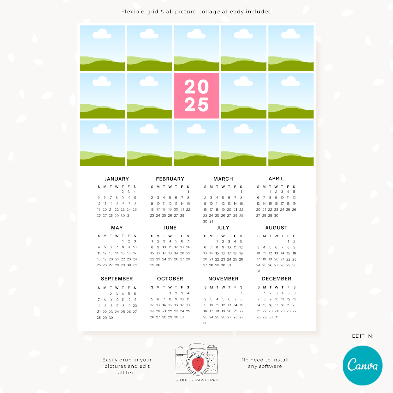 2025 Calendar With Customizable Grid Photo Collage Strawberry Kit