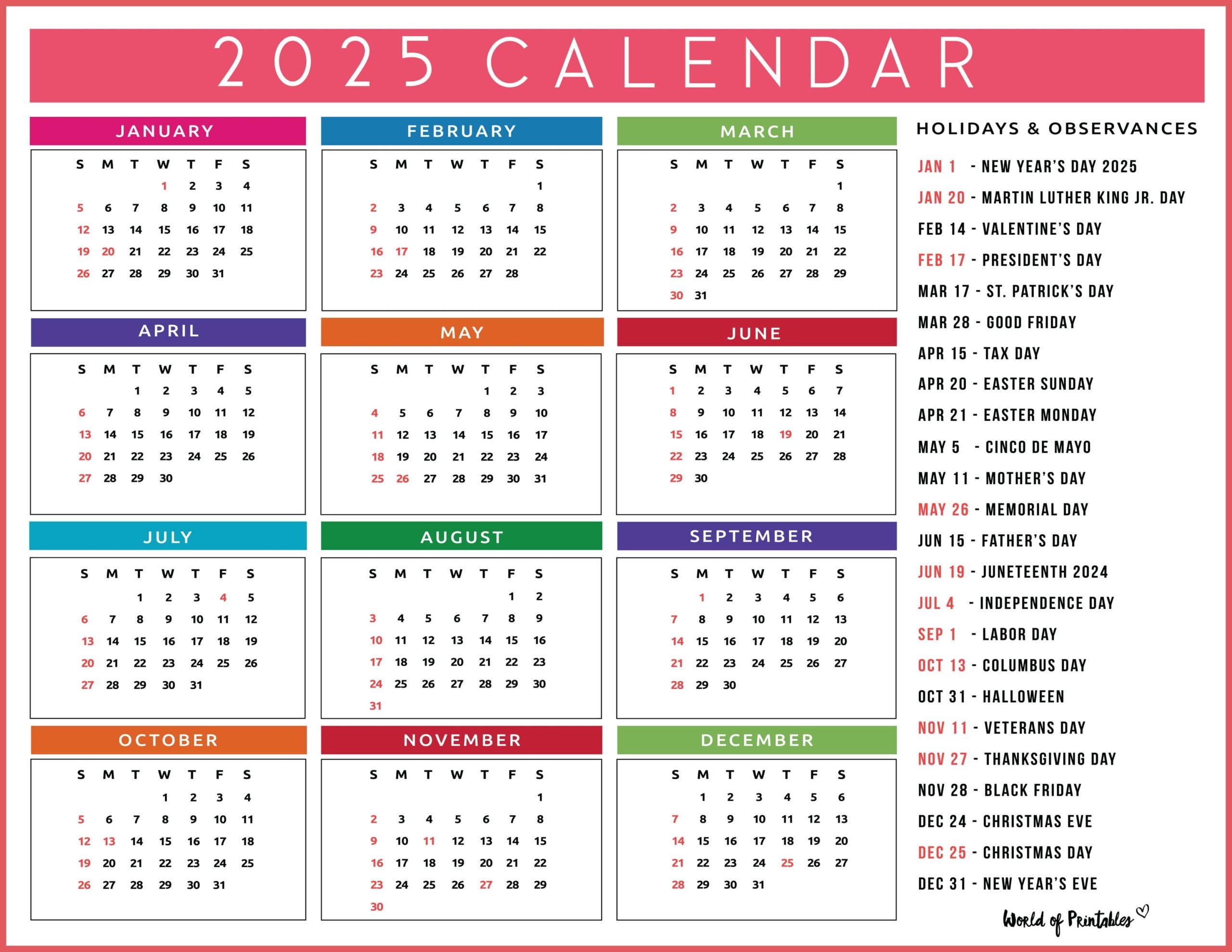 Printable Holiday Calendar 2025