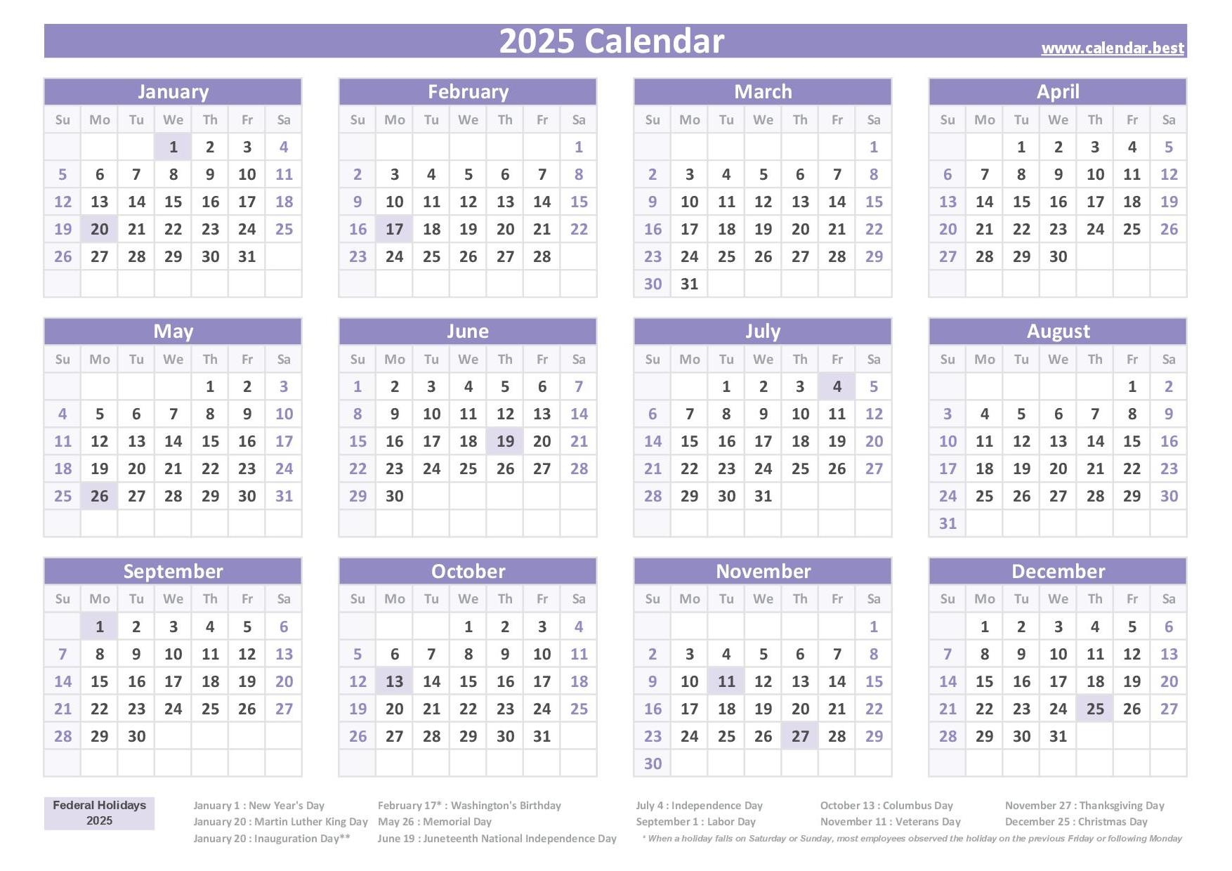 2025 Printable Calendar With Holidays Free