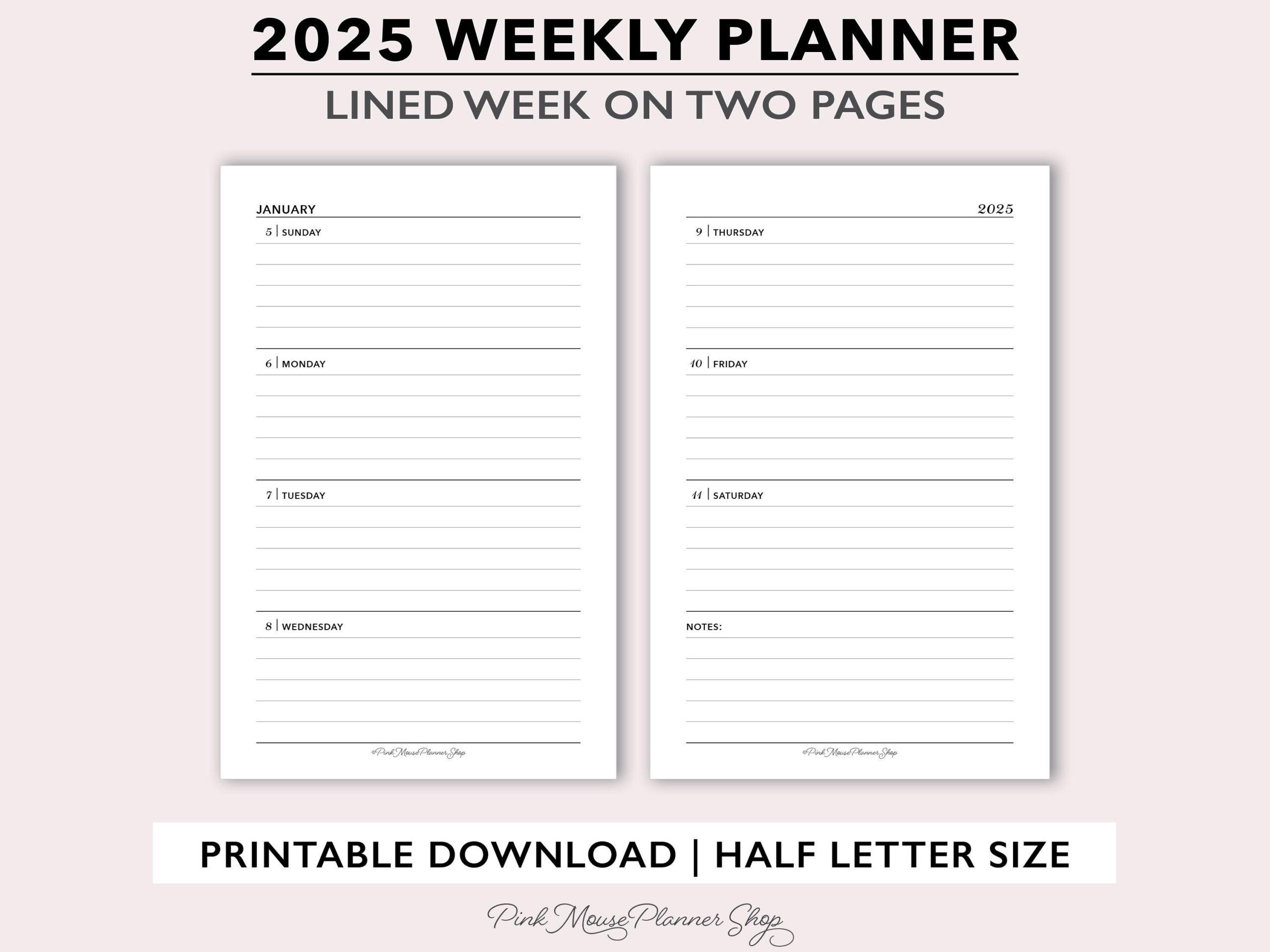 2025 Lined Weekly Planner Printable 2025 Weekly Planner Template Weekly Calendar For Ring Binders Half Size Week On 2 Page Ruled Agenda Etsy