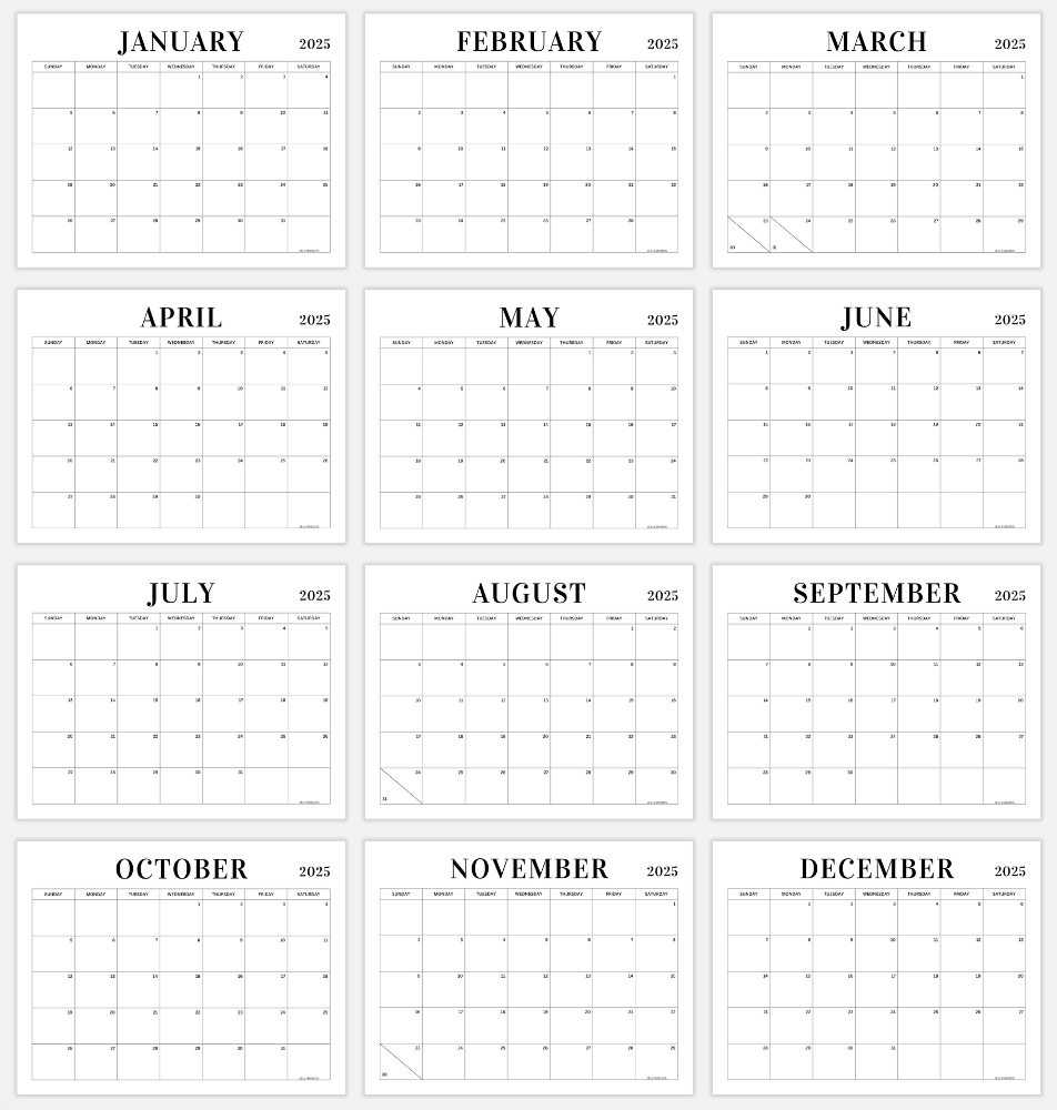 2025 Minimal Calendar Printable Vertical Horizontal JellyMemos