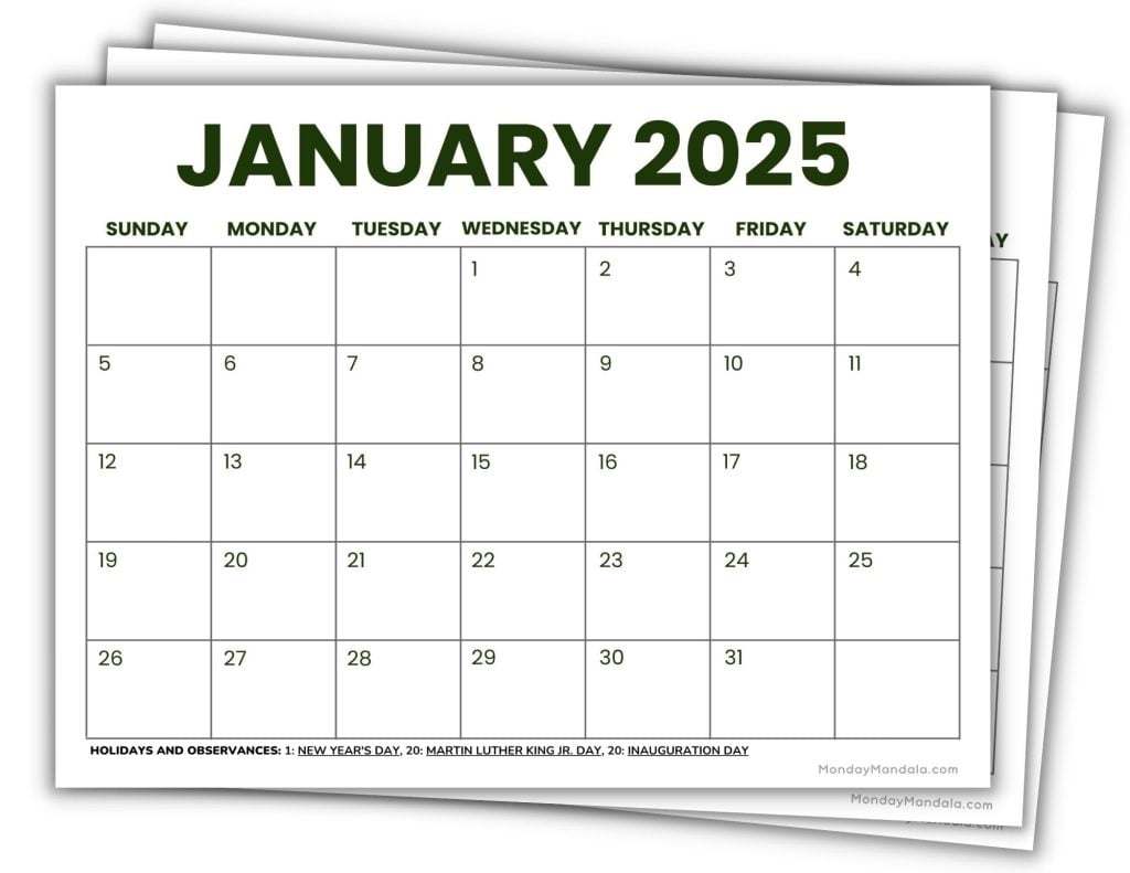 Free Printable Monthly 2025 Calendar Template