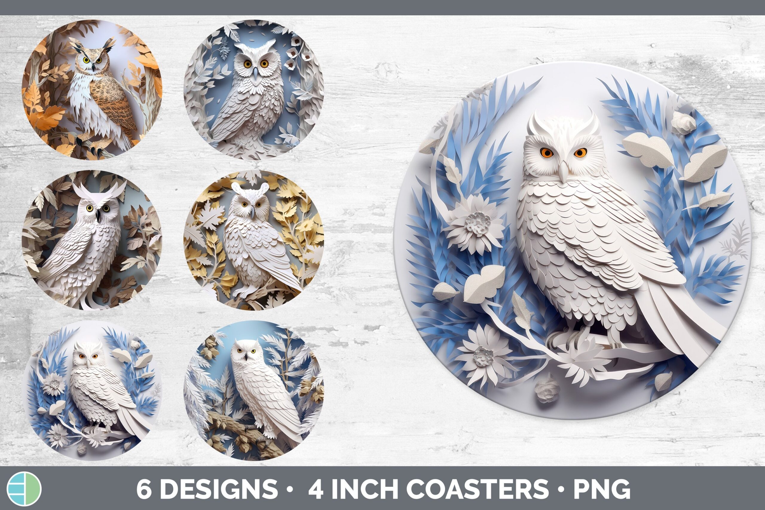3D Paper Owl Bird Round Coaster Sublimation Coaster Design