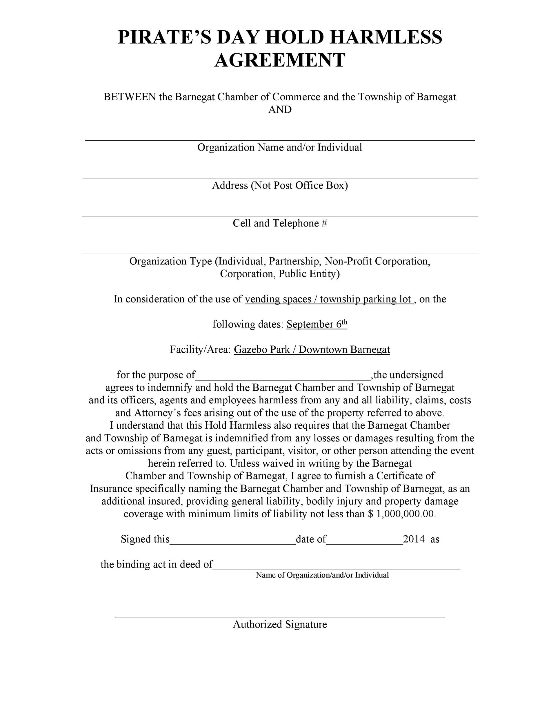 Free Printable Hold Harmless Agreement Form