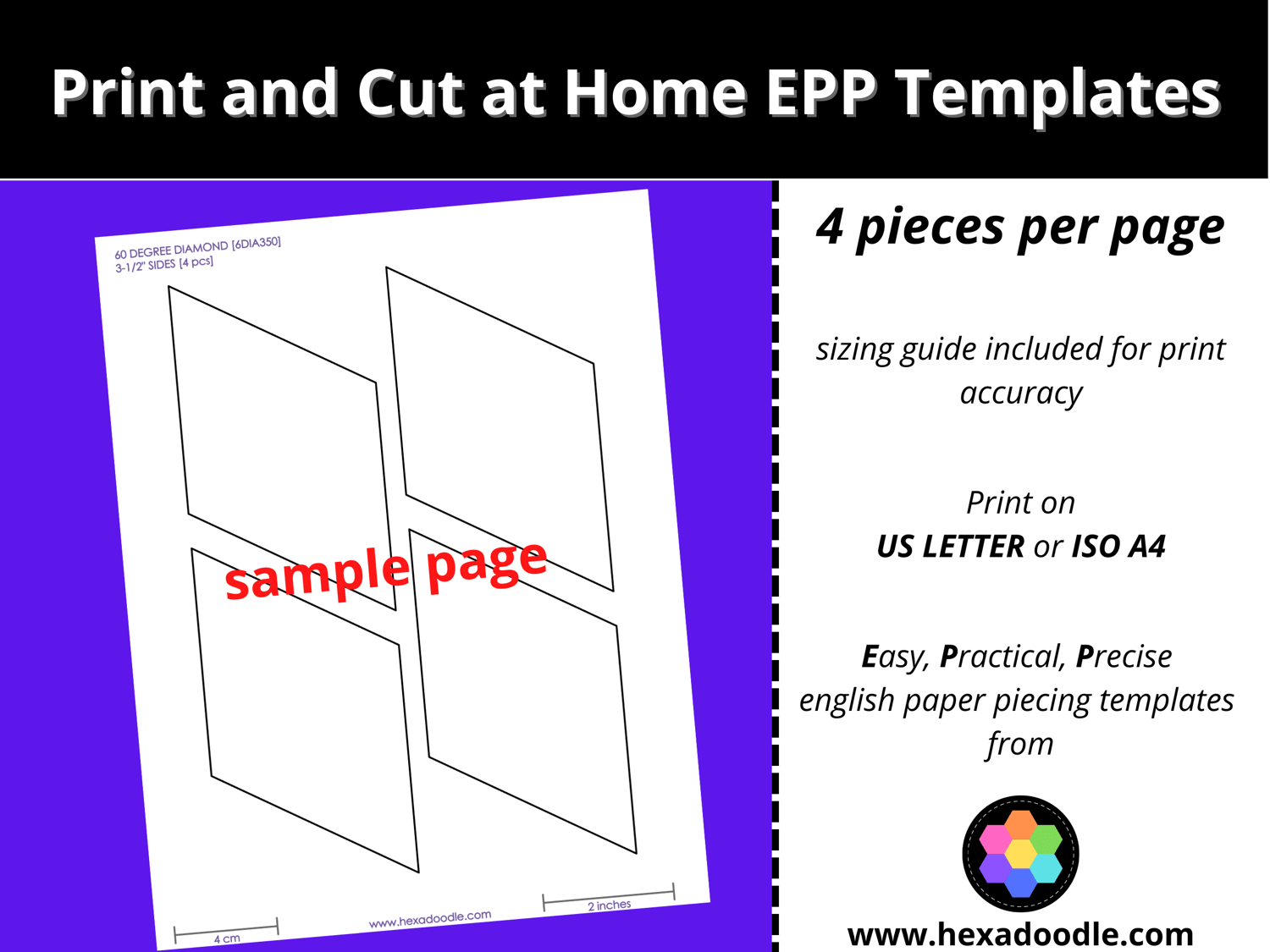 6DIA350 60 DEGREE DIAMOND EPP Print And Cut At Home Templates 3 Inch Sides For Printing And Cutting Out At Home 4 Diamonds Per Page 
