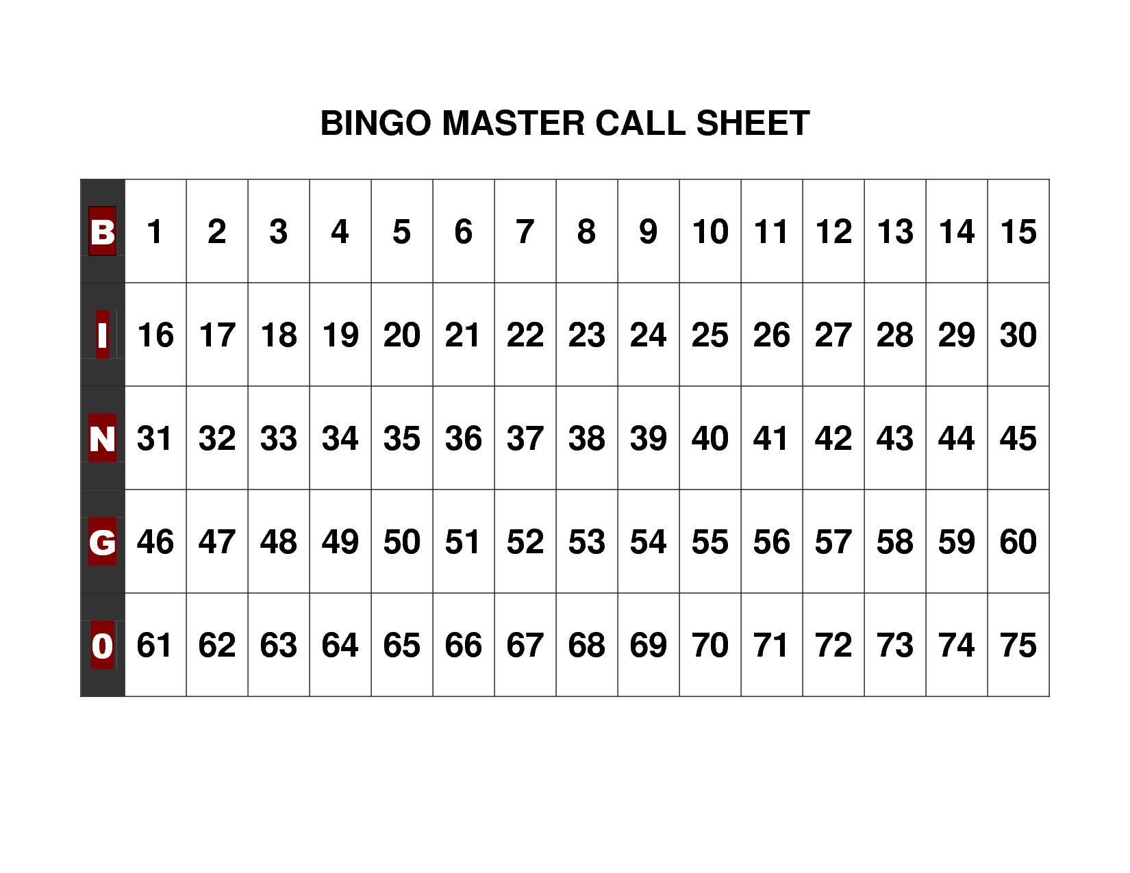 Printable Free Bingo Call Sheets