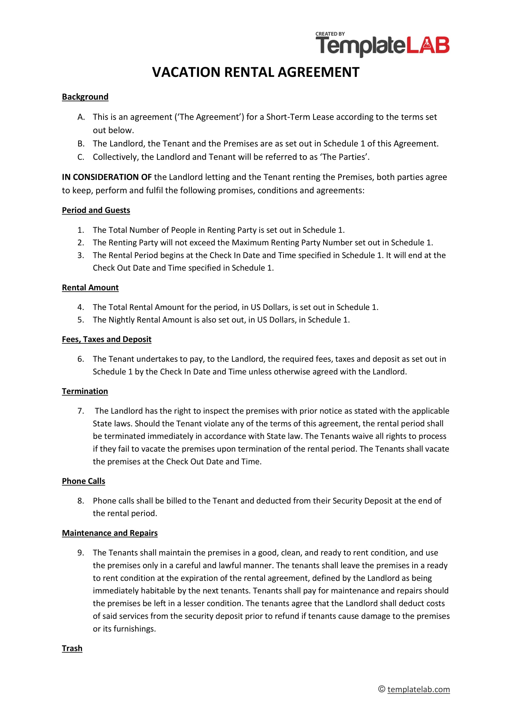 Free Printable Vacation Rental Agreement