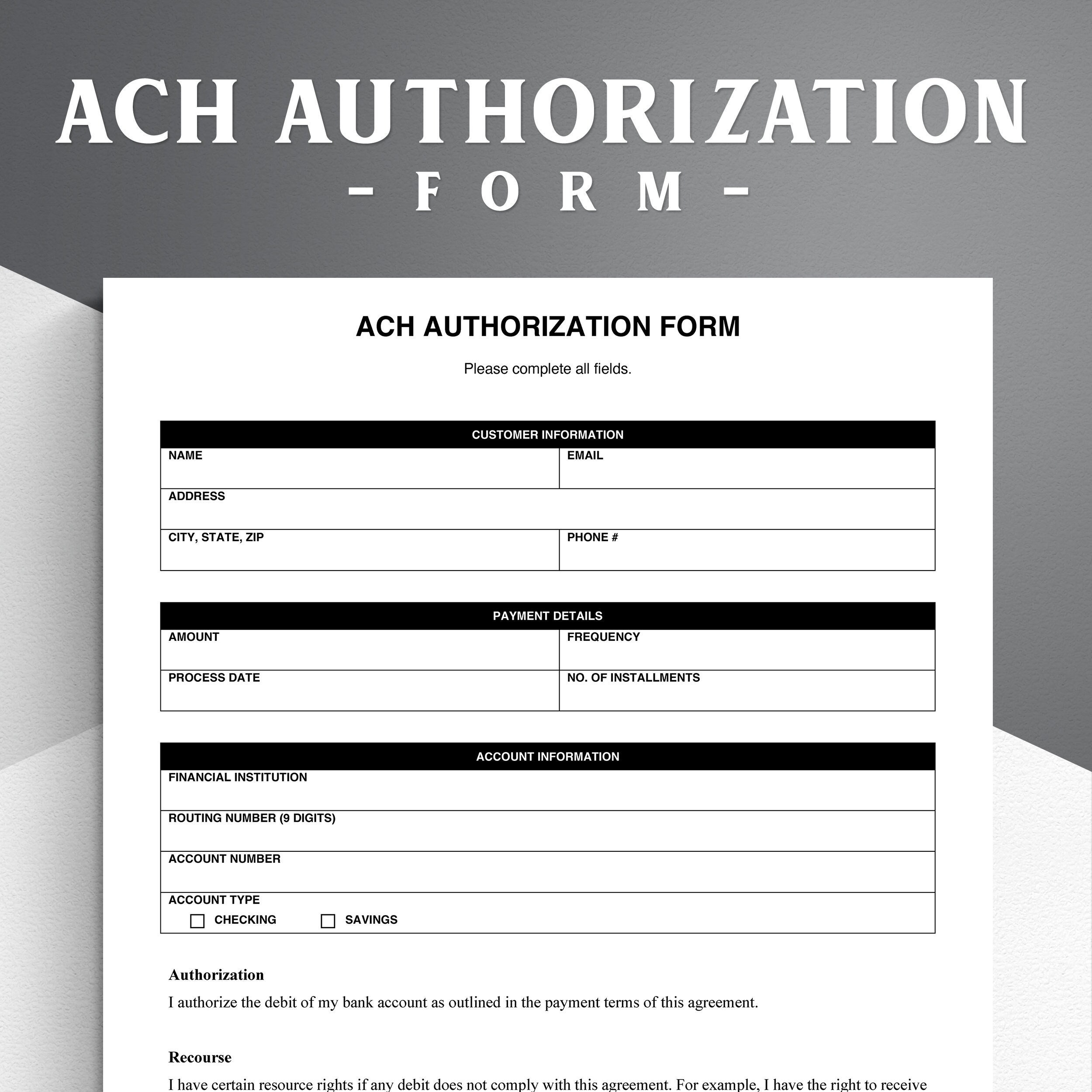 Printable Blank Ach Authorization Form Template