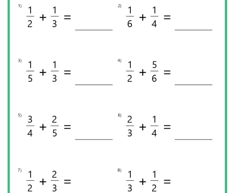 Adding Fractions With Unlike Denominators Worksheets