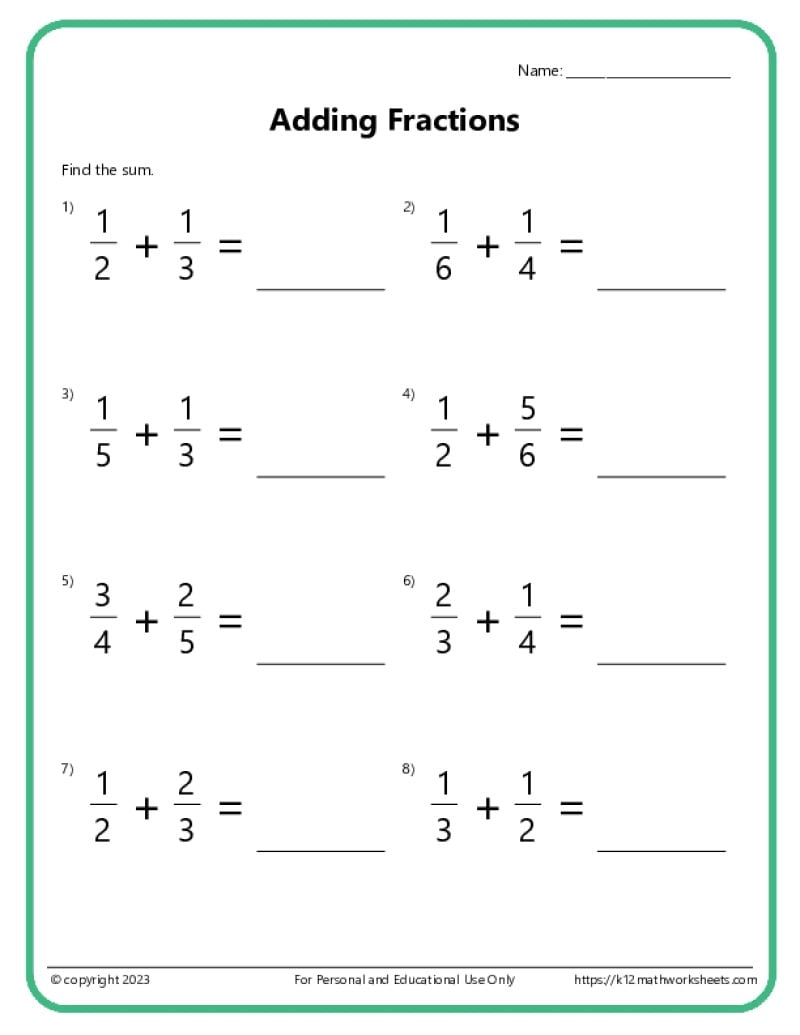 Adding Fractions With Unlike Denominators Worksheets