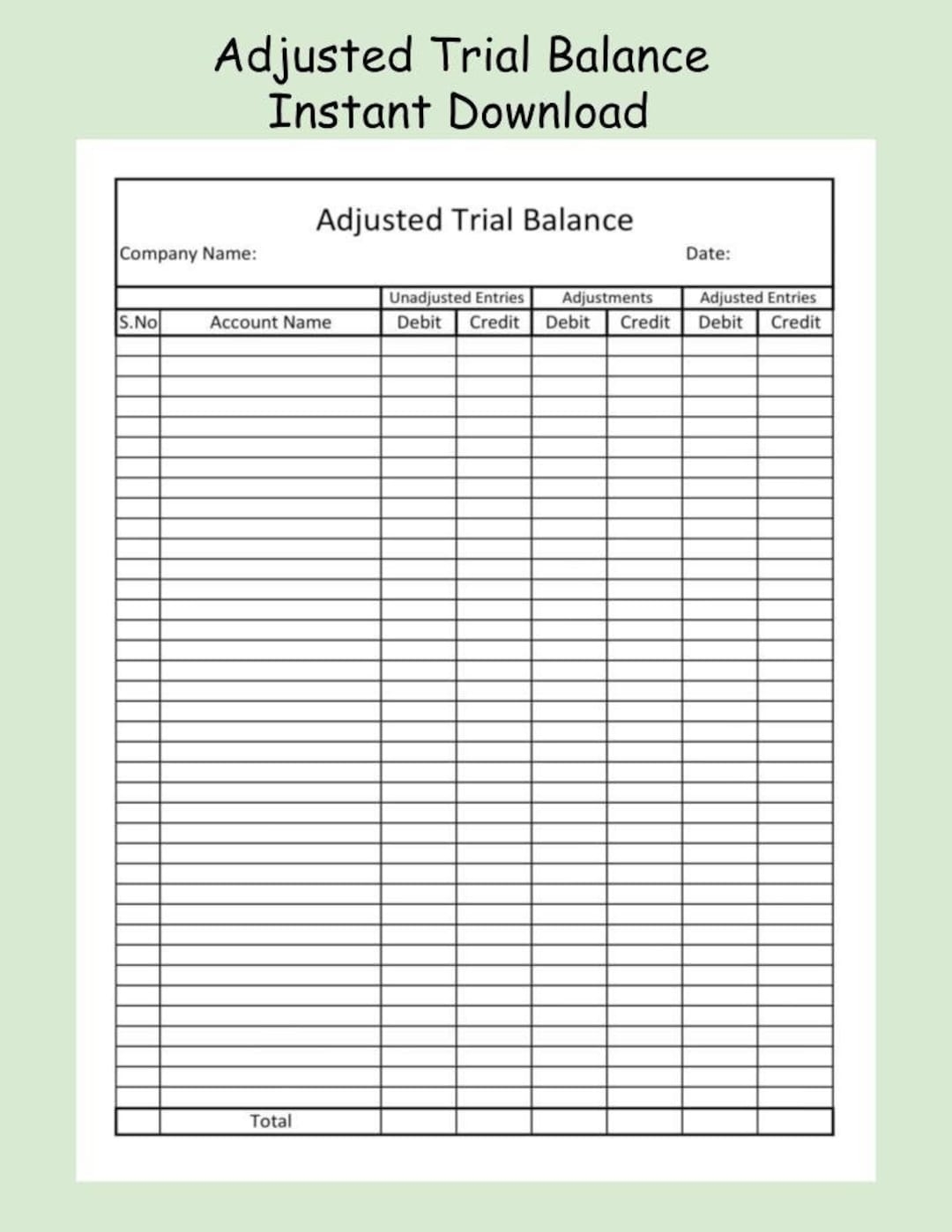 Adjusted Trial Balance Printable pdf instant Download editable MS Excel Format accounting bookkeeping small Business entrepreneur Etsy