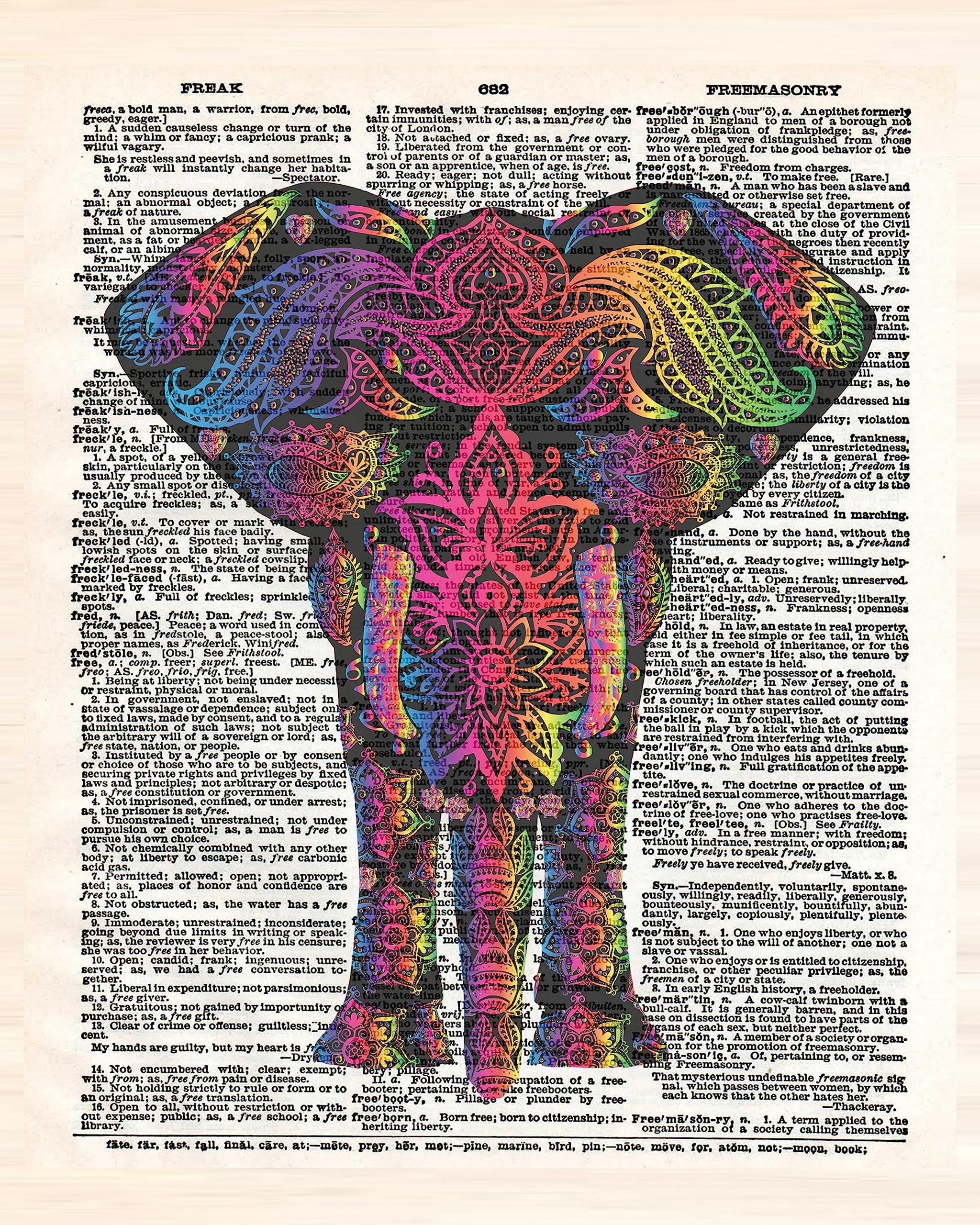Amazon Elephant 8 x10 Unframed Wall Art Print Psychedelic Colored Elephant On Background Of Vintage Style Dictionary Page Gift For Elephant Lover And Those Who Appreciate Quirky Art Posters Prints
