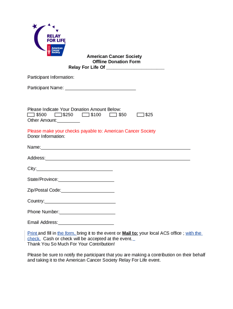 American Cancer Society Offline Donation Participant Relay Acsevents Doc Template PdfFiller