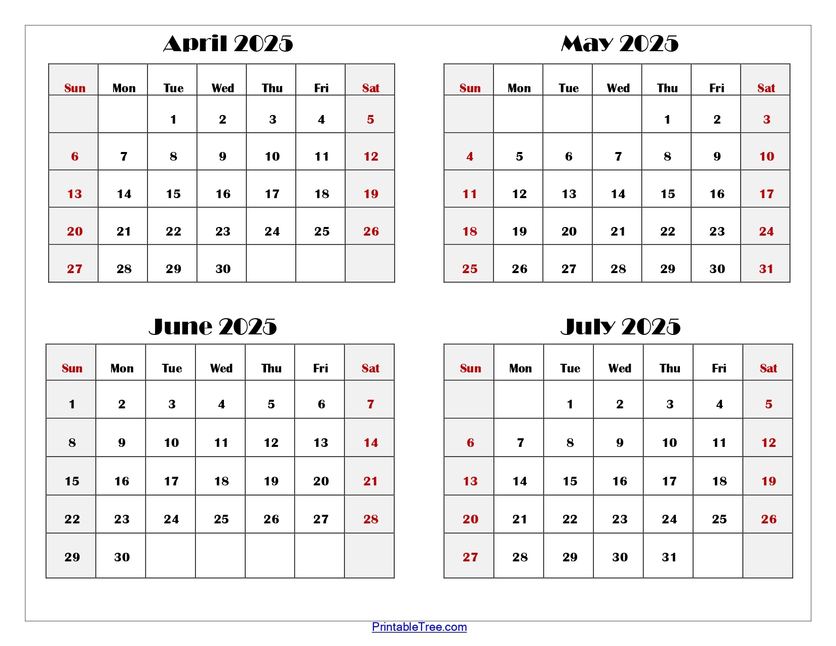 Printable 2025 Calendar Four Months Per Page