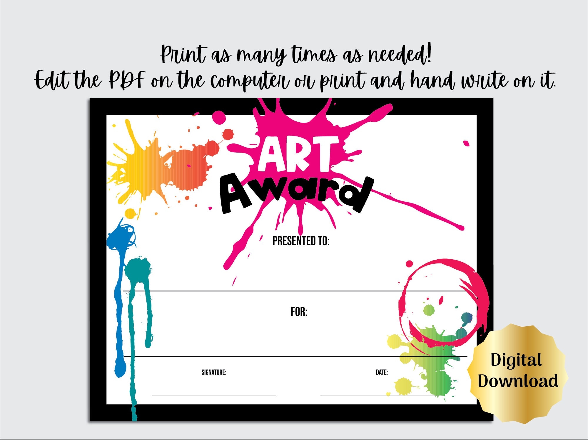 Art Award Certificate Printable Art Class Or Student Art Exhibit Editable PDF Digital Download Art Teacher Award Template Etsy