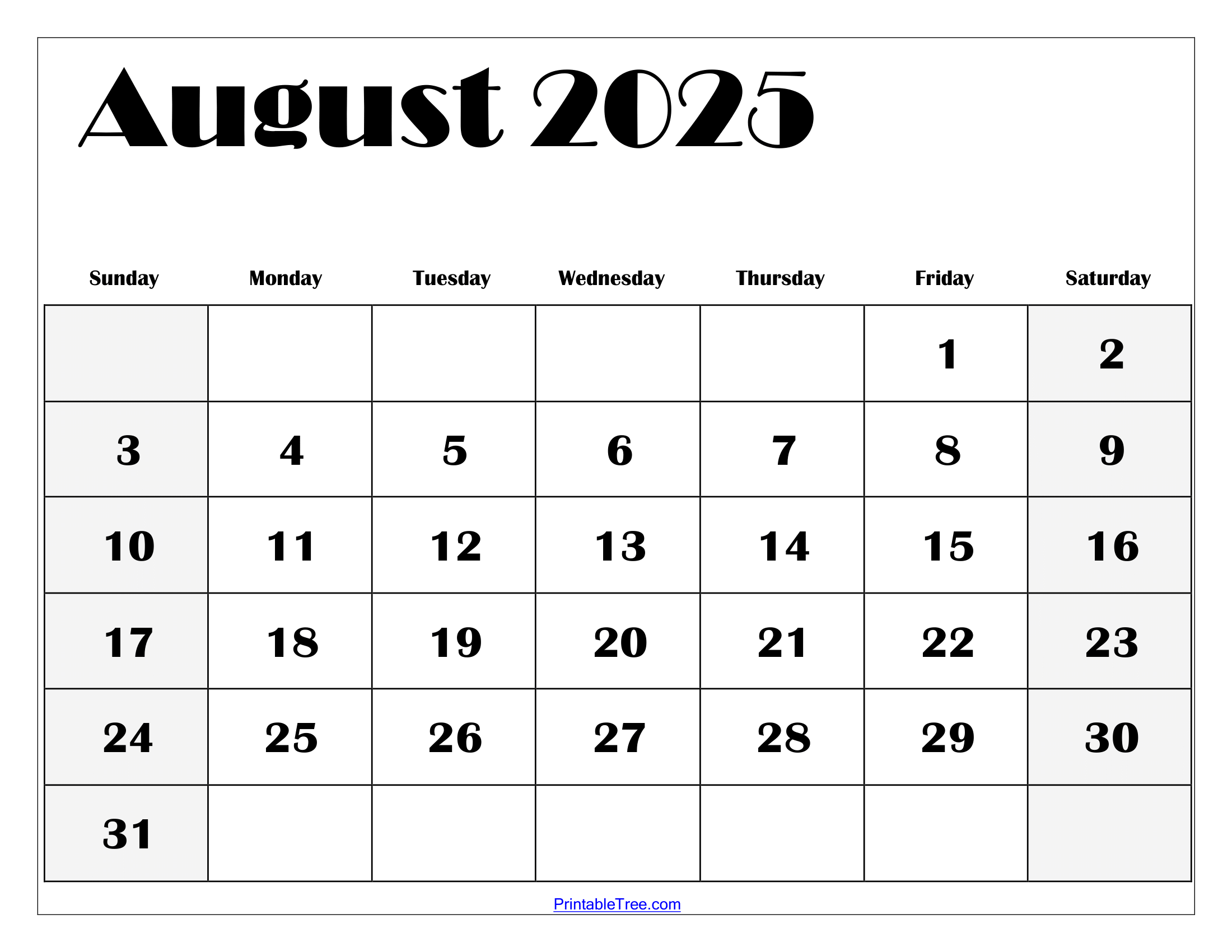 August 2025 Calendar Printable