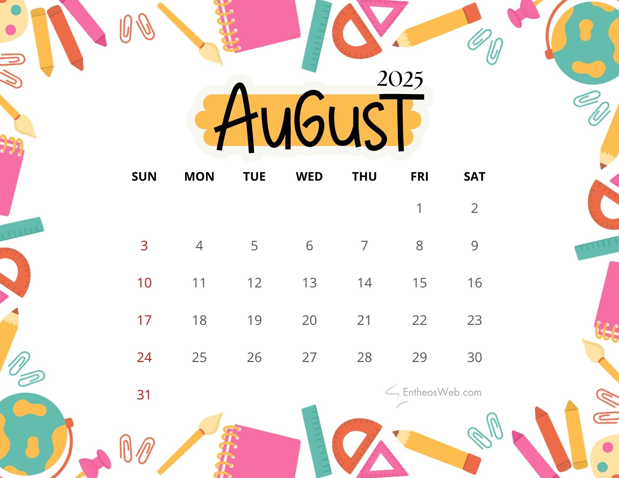 August Calendar 2025 Printable Cute