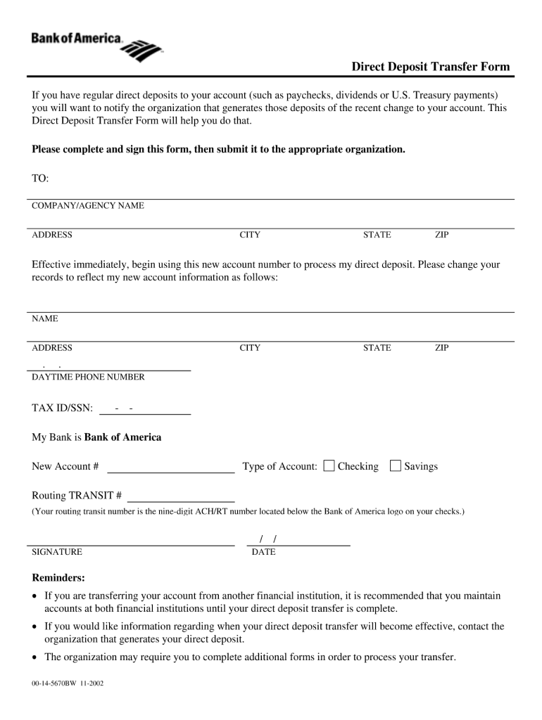 Printable Bank Of America Direct Deposit Form