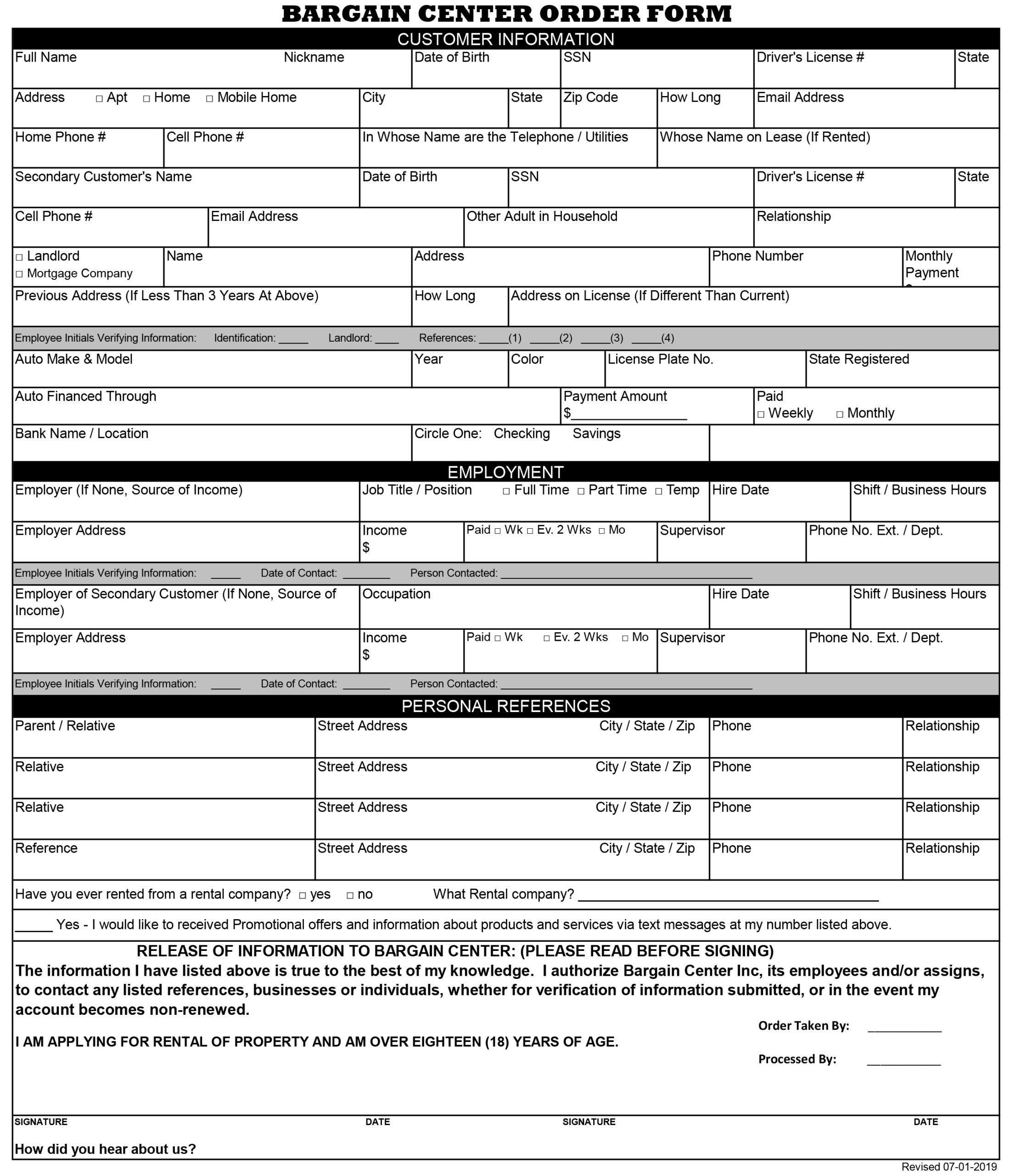 Bargain Center Order Form