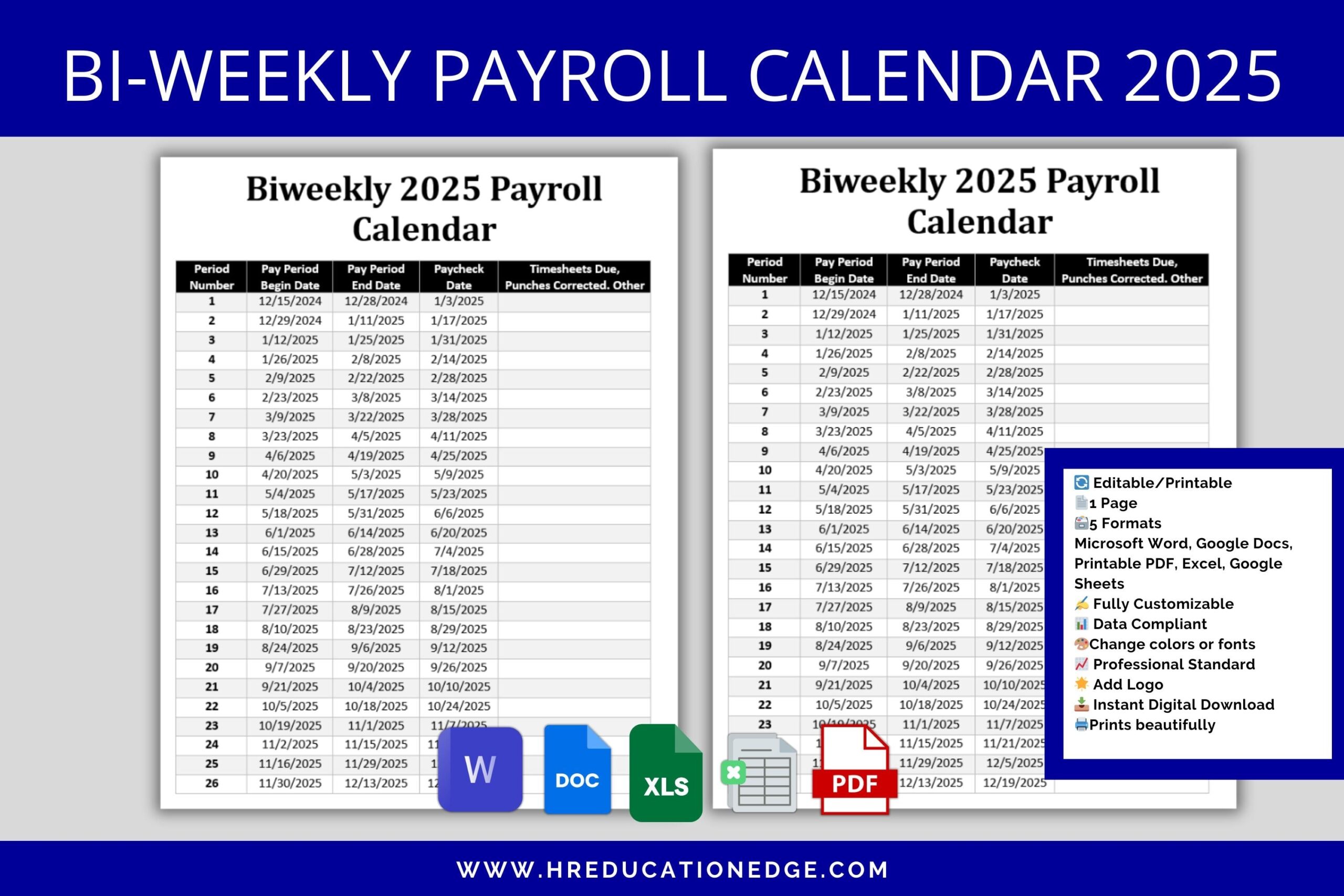 Biweekly Payroll Calendar 2025 MS Editable Word Excel Pay Period Start End Date Paycheck Schedule Employee Compensation Etsy Israel