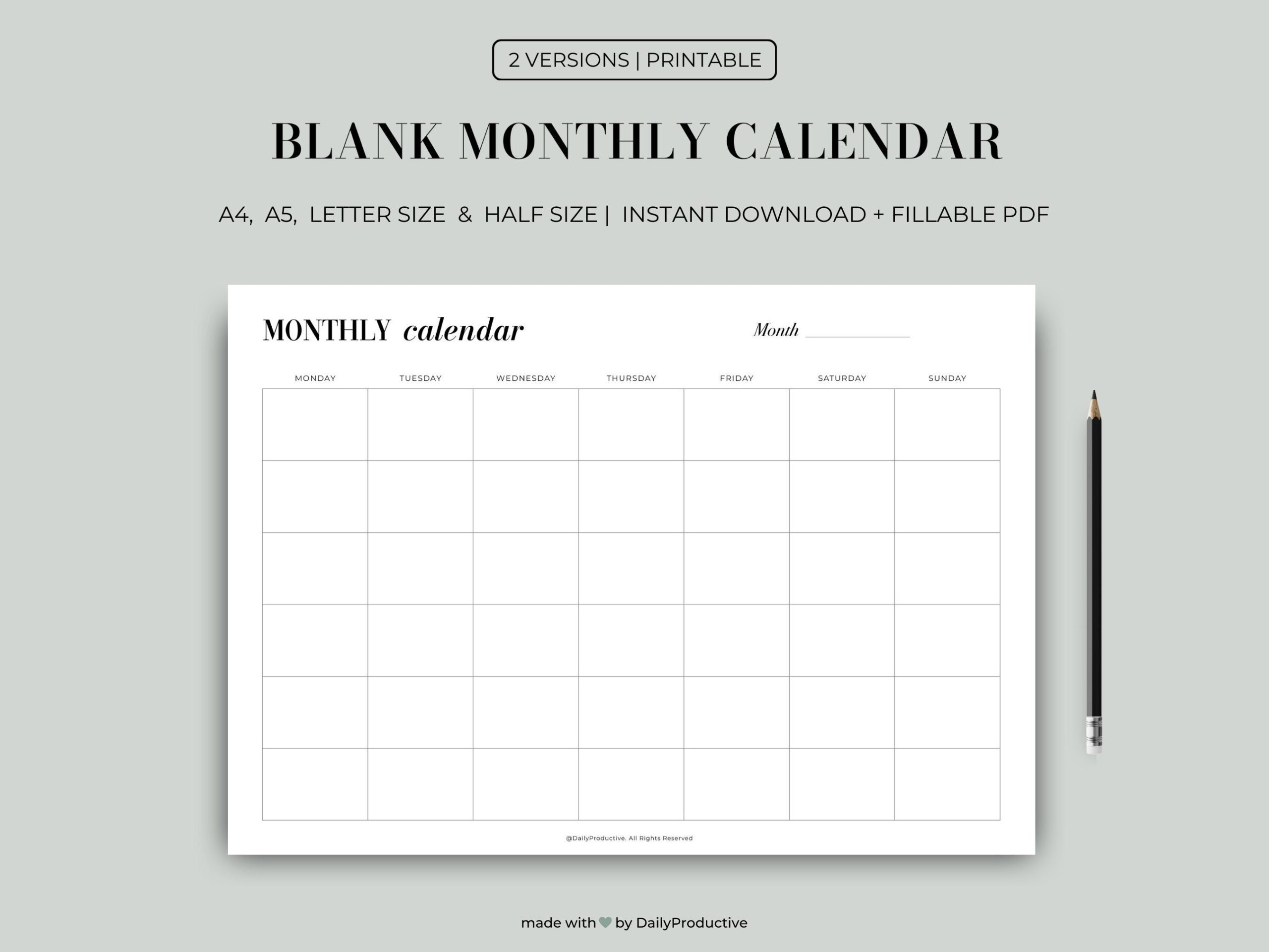 Blank Monthly Calendar Printable Calendar Undated Monthly Planner Instant Download A4 a5 letter half Sizes Etsy