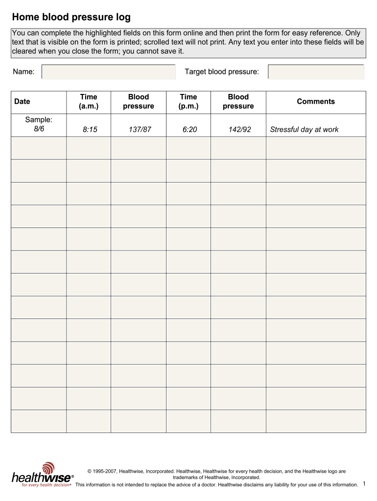 Blood Pressure Log Fill Online Printable Fillable Blank PdfFiller