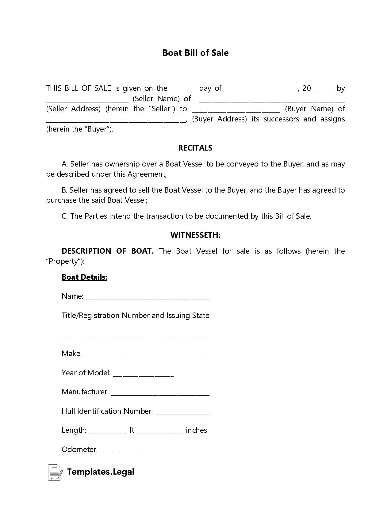 Boat Bill Of Sale Templates Free Word PDF ODT 