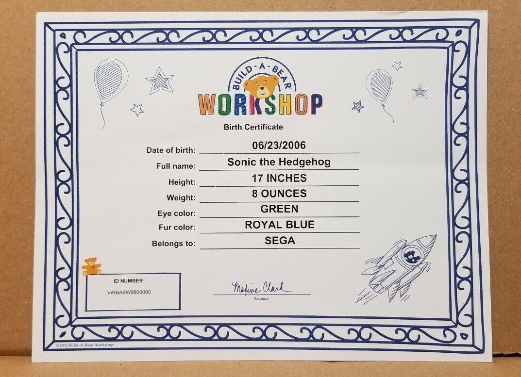 Build A Bear Movie Sonic The Hedgehog Birth Certificate EBay