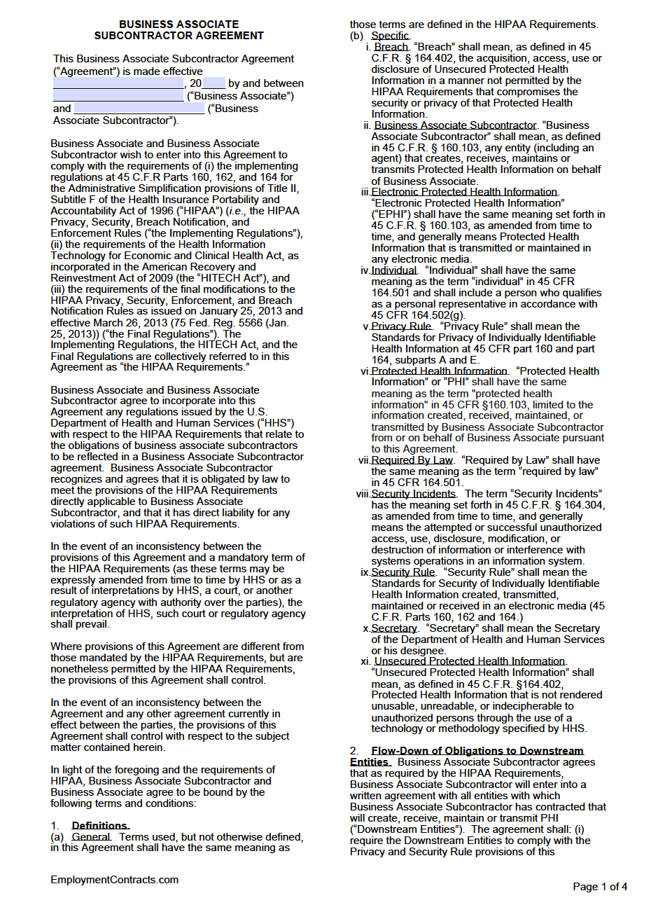 Business Associate HIPAA Subcontractor Agreement PDF Word