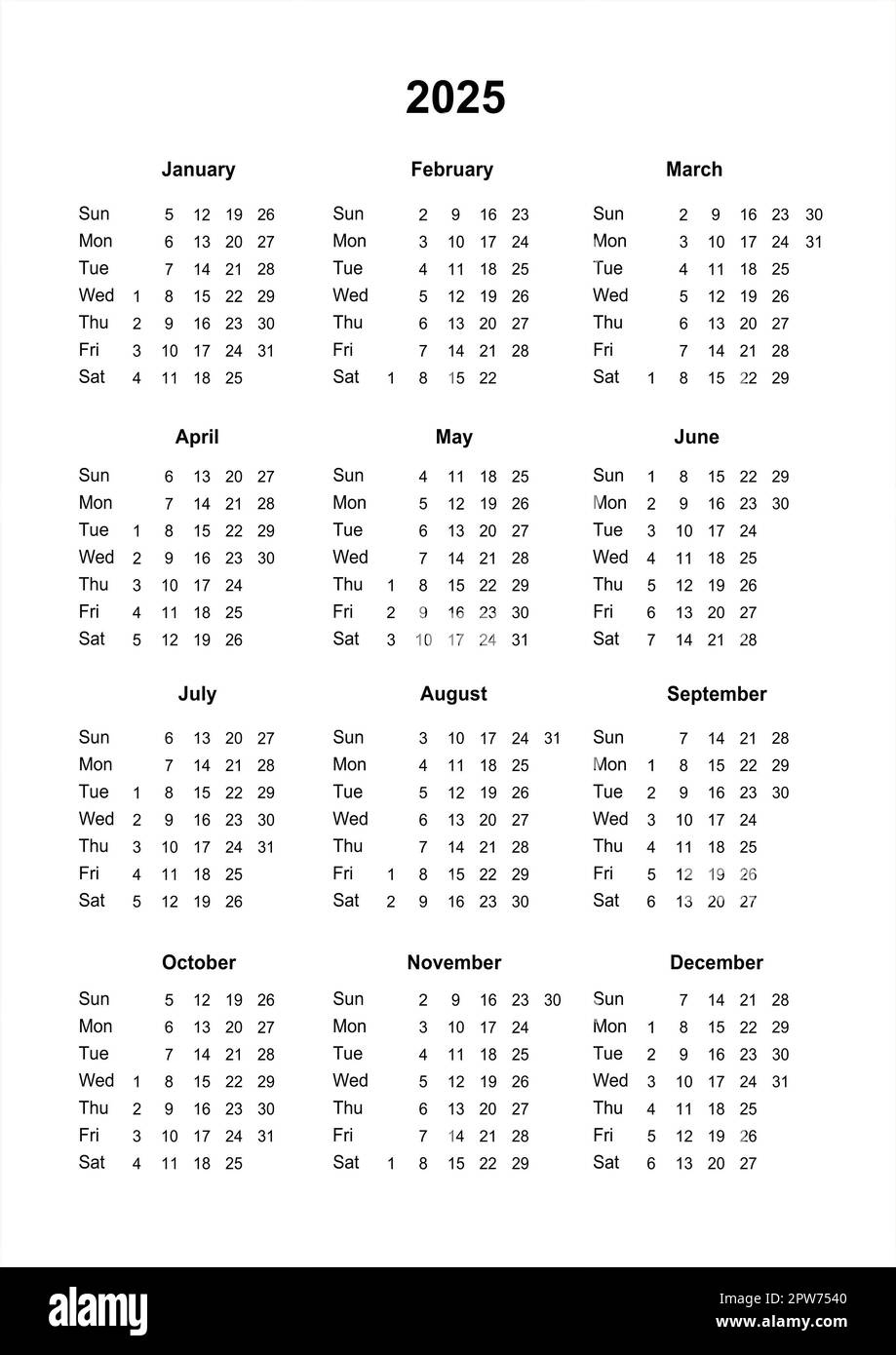 Calendar 2025 Printable Calendar For 2025 Sunday Start Minimalist Style Usual Wall Calendar Planner For Office Business Planner For 2025 Busine Stock Photo Alamy