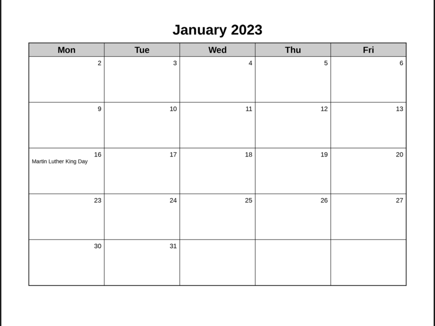 CalendarsThatWork Mon Fri Monthly Landscape