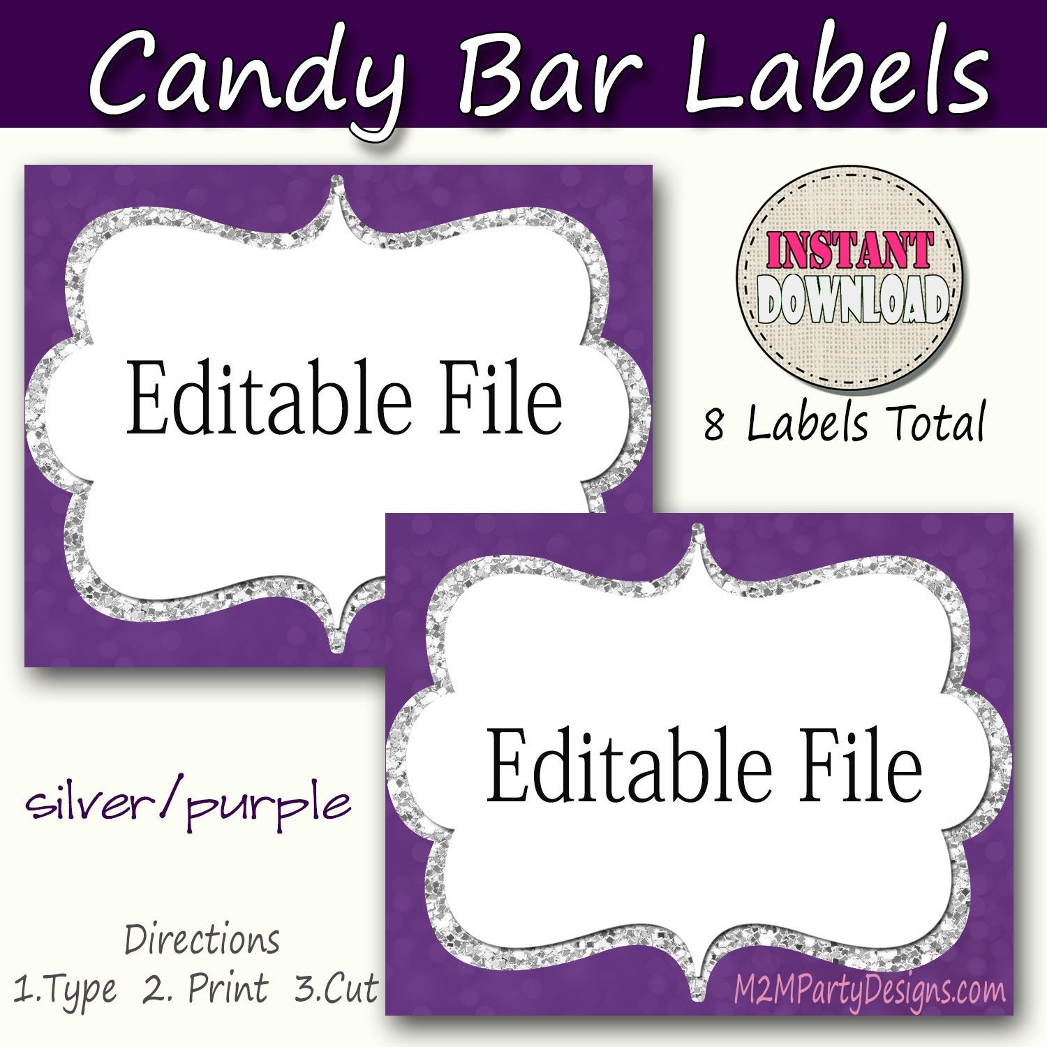 Candy Buffet Labels Purple Silver Print EDITABLE Card Candy Popcorn Snack Ice Cream Cookie Buffet Labels Instant Download Etsy