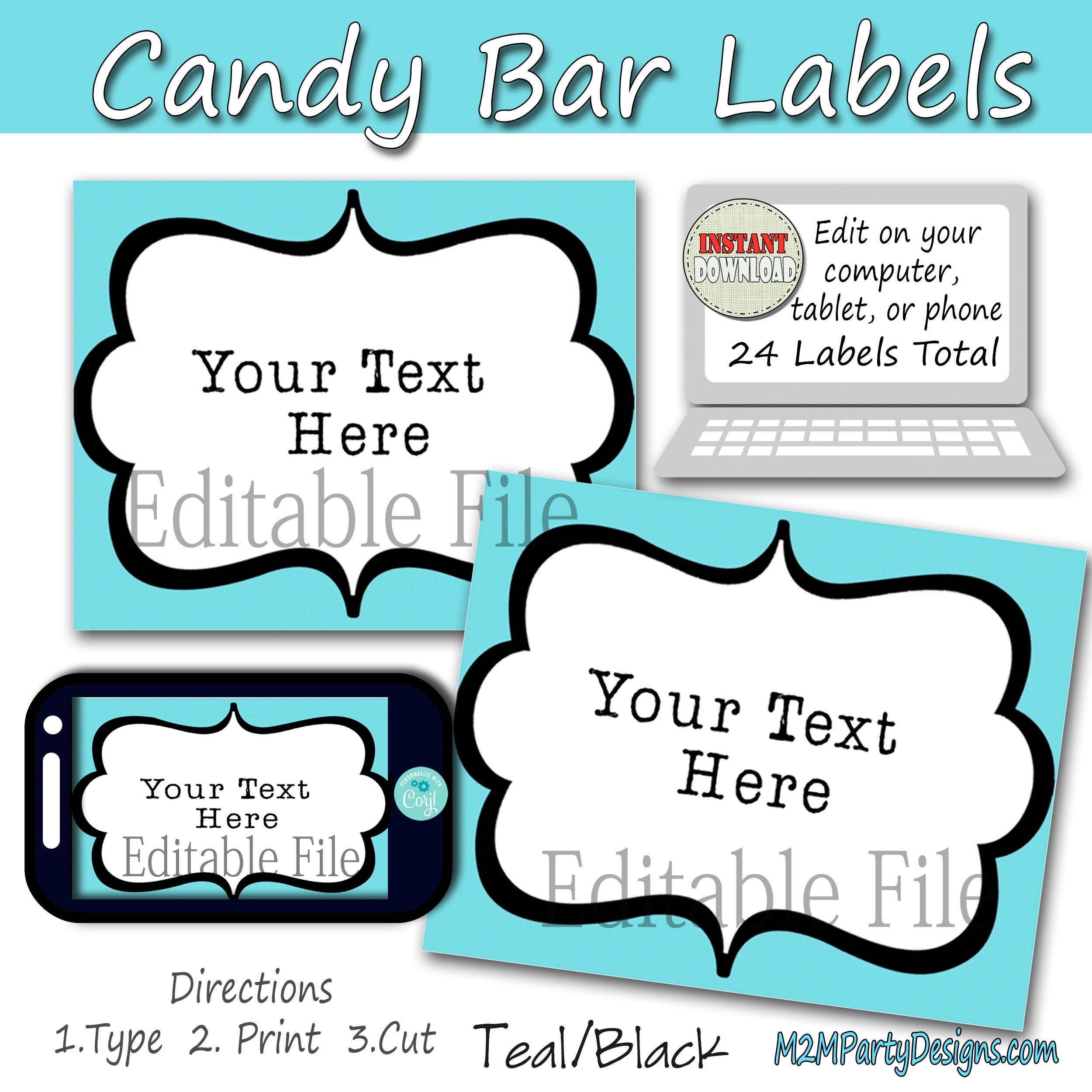 Candy Buffet Labels Teal And Black Print EDITABLE Card Candy Popcorn Snack Ice Cream Cookie Buffet Labels Instant Download Etsy