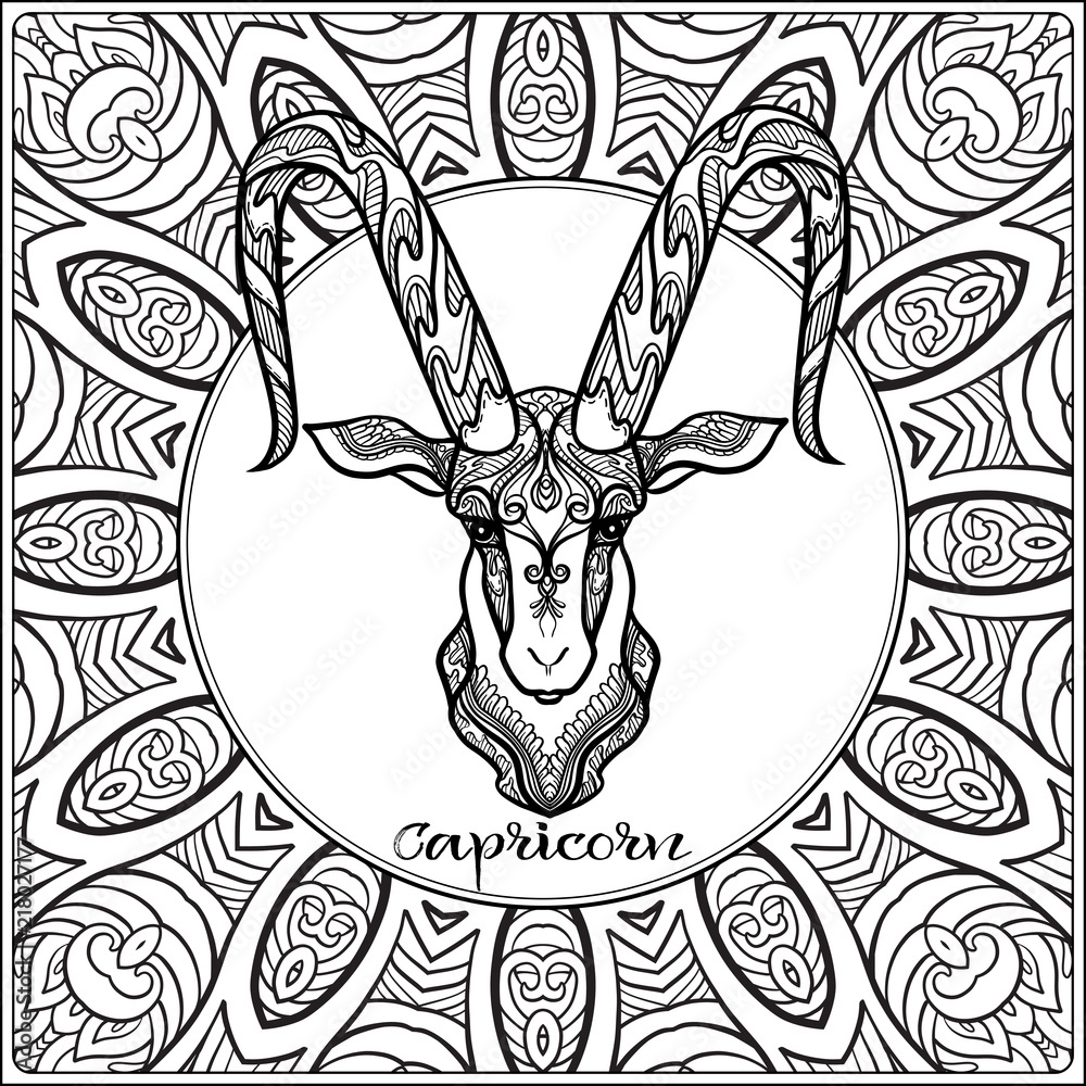 Capricorn Goat Decorative Zodiac Sign On Pattern Background Outline Hand Drawing Good For Coloring Page For The Adult Coloring Book Stock Vector Illustration Stock Vector Adobe Stock