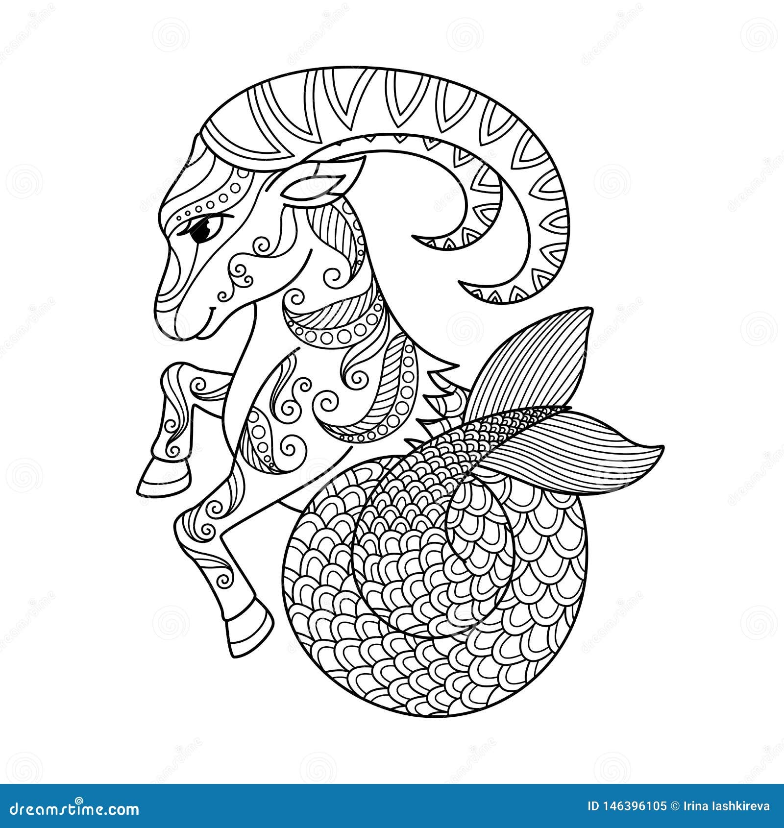 Capricorn Zodiac Sign Zentangle Coloring Book Page For Adult Stock Illustration Illustration Of Horoscope Design 146396105