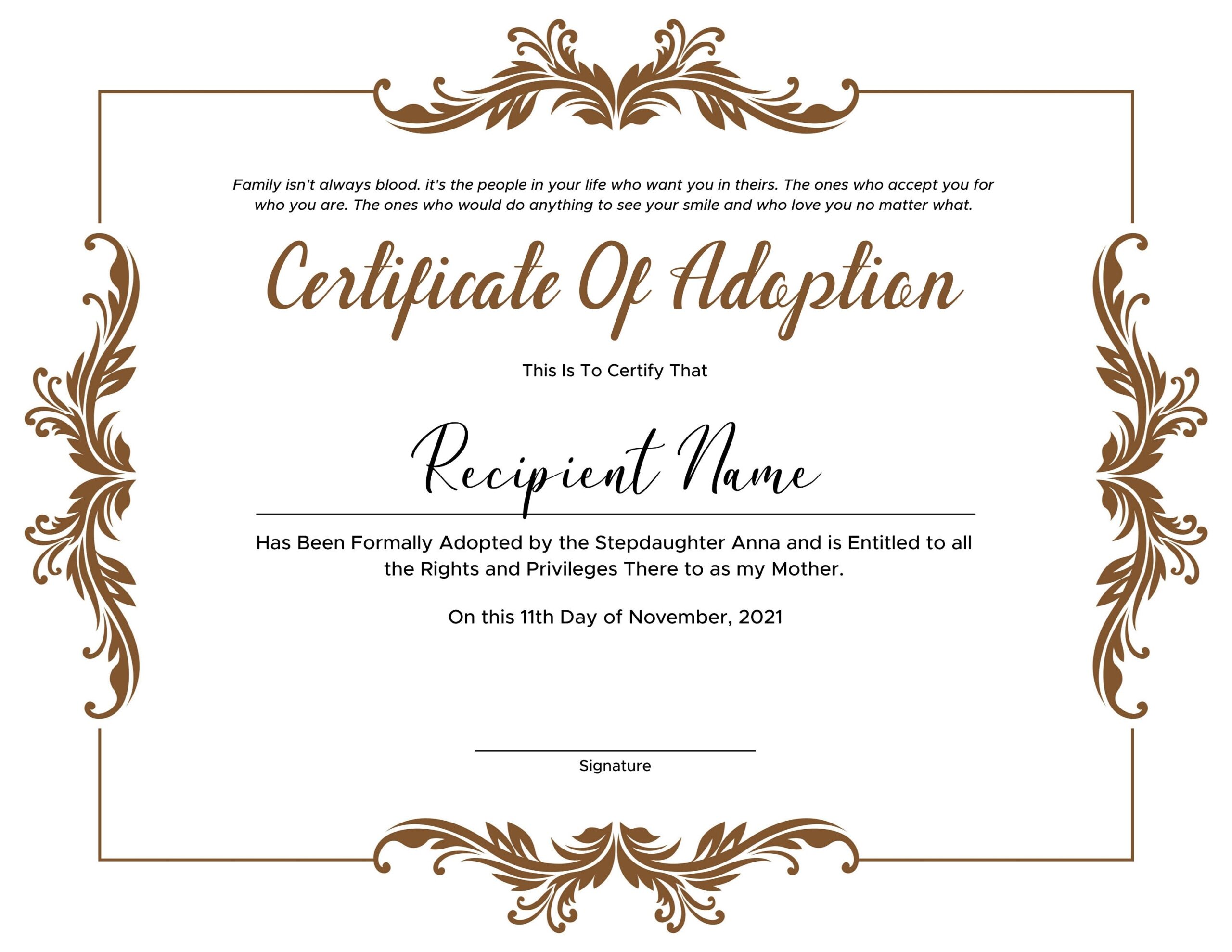 Certificate Of Adoption To Our Family Editable Printable Adoption Certificate Template Etsy