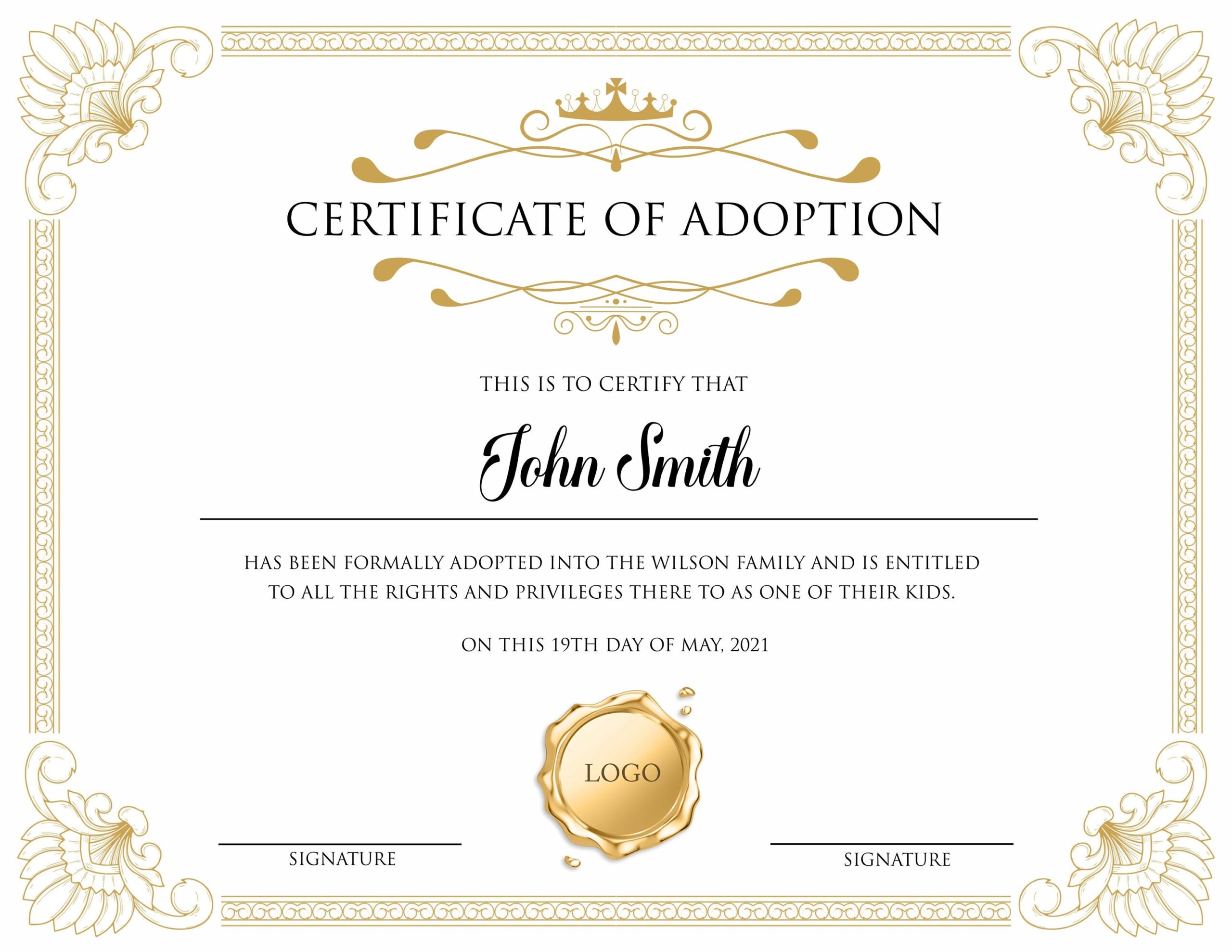 Certificate Of Adoption To Our Family Editable Printable Adoption Certificate Template Etsy