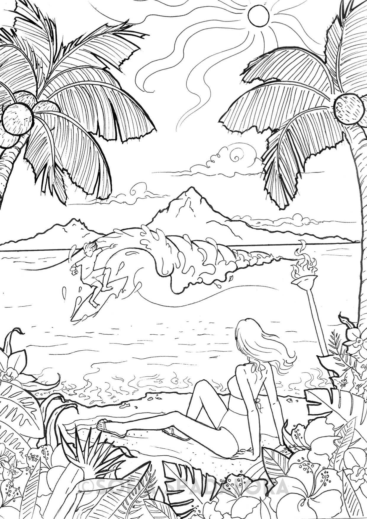 Chill Beach Escape Adult Coloring Page Instant Digital Download Surf Wave Ocean Palm Tress Tropical Flowers Beach Girl Etsy