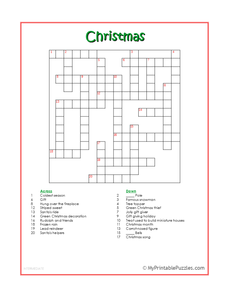 Printable Intermediate Crossword Puzzles