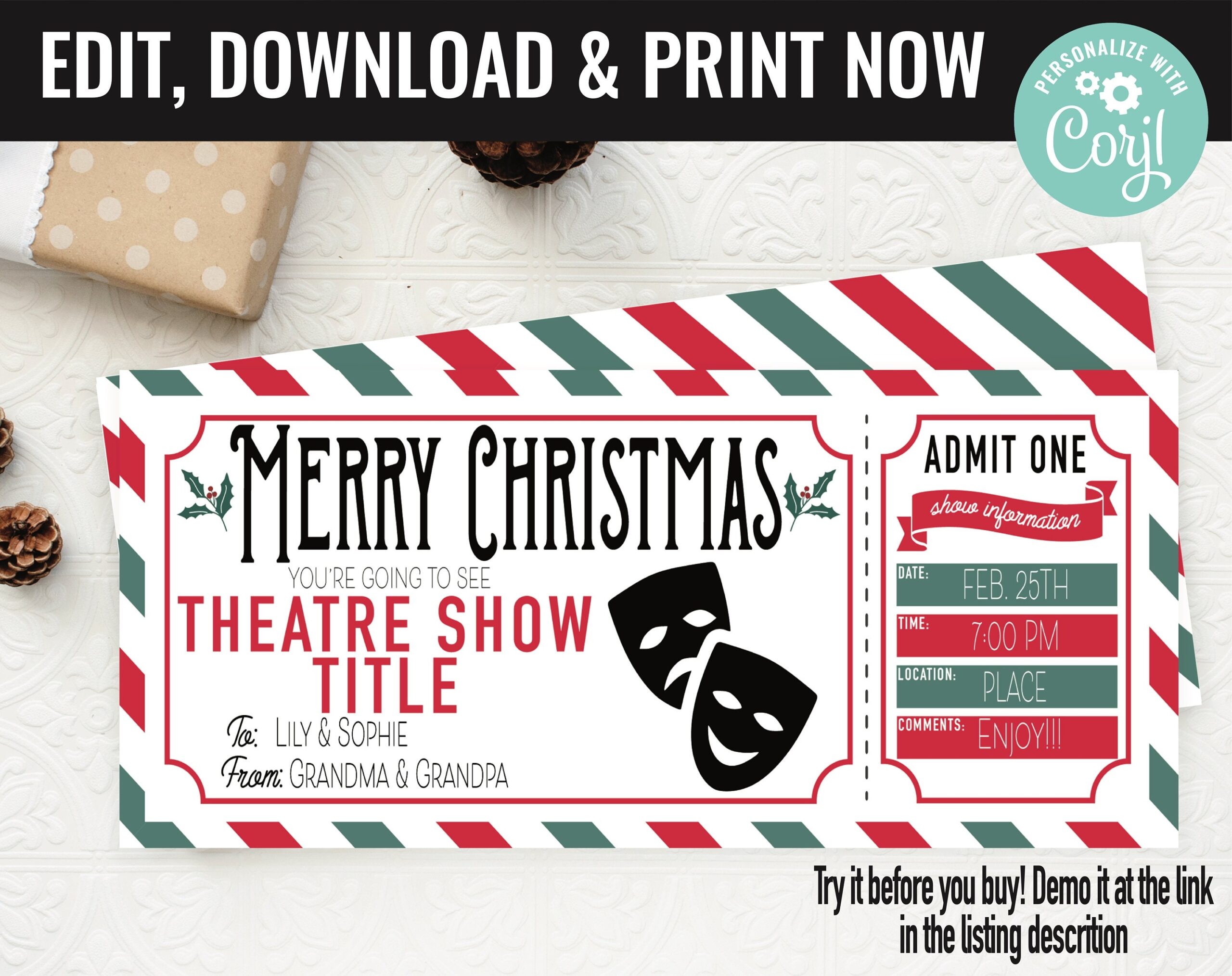 Christmas Theatre Play Musical Ticket Surprise Gift Voucher Surprise Theatre Musical Printable Template Editable Instant Download Certifica Etsy