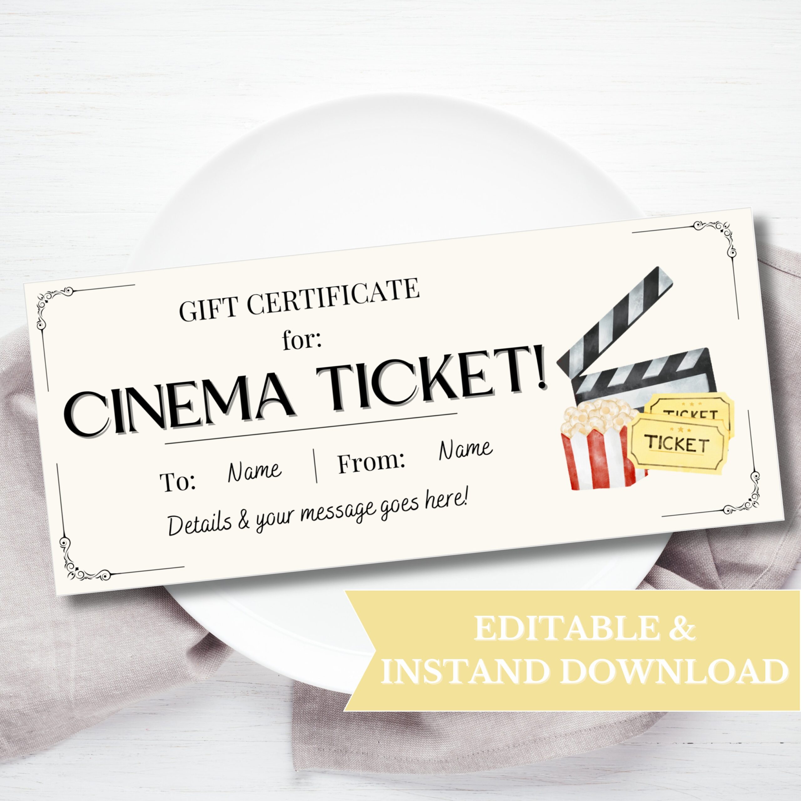 Cinema Ticket Gift Coupon Voucher Printable Movie Ticket Gift Certificate Template Surprise Birthday Movie Lover Gift Last Minute Gift Etsy