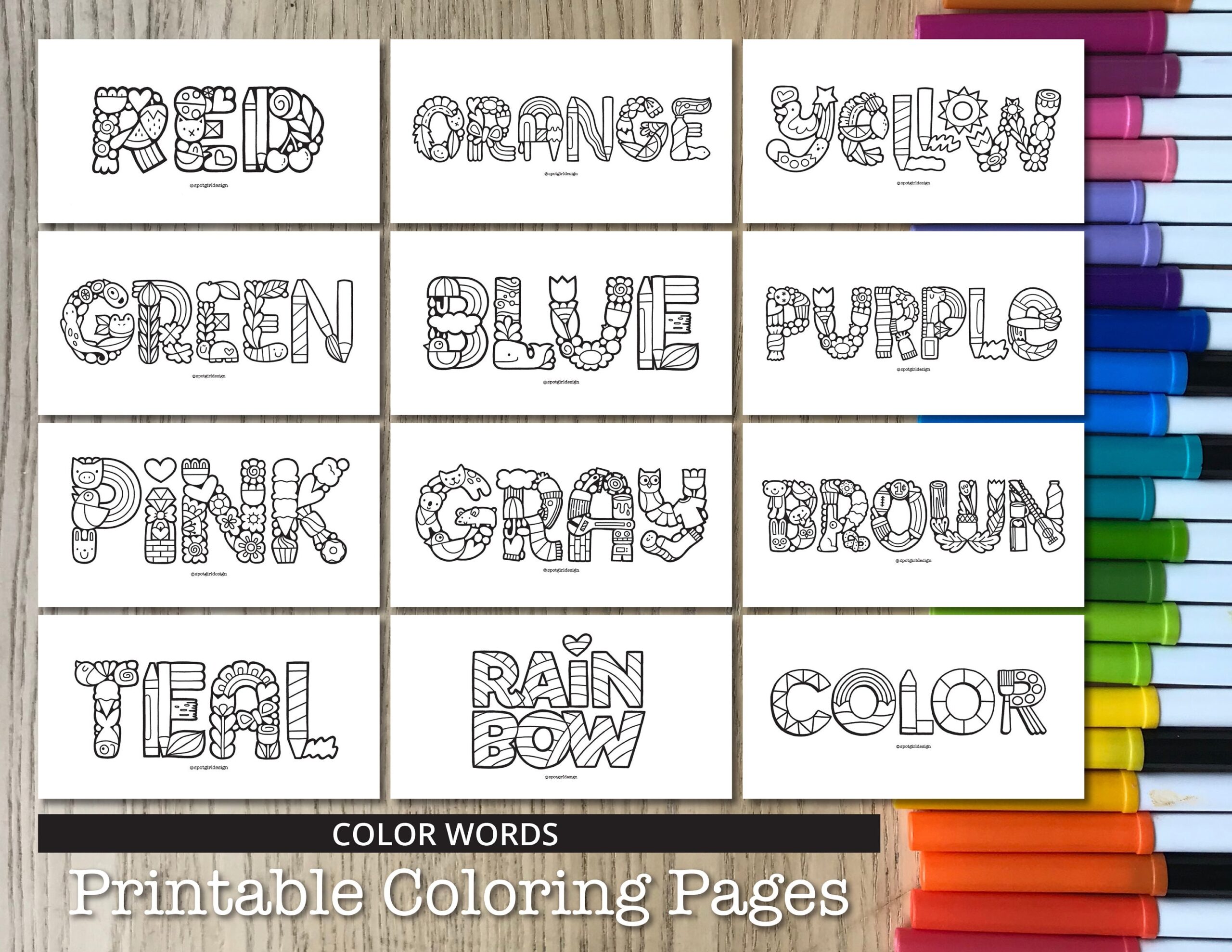 Color Word Printable Coloring Pages Etsy
